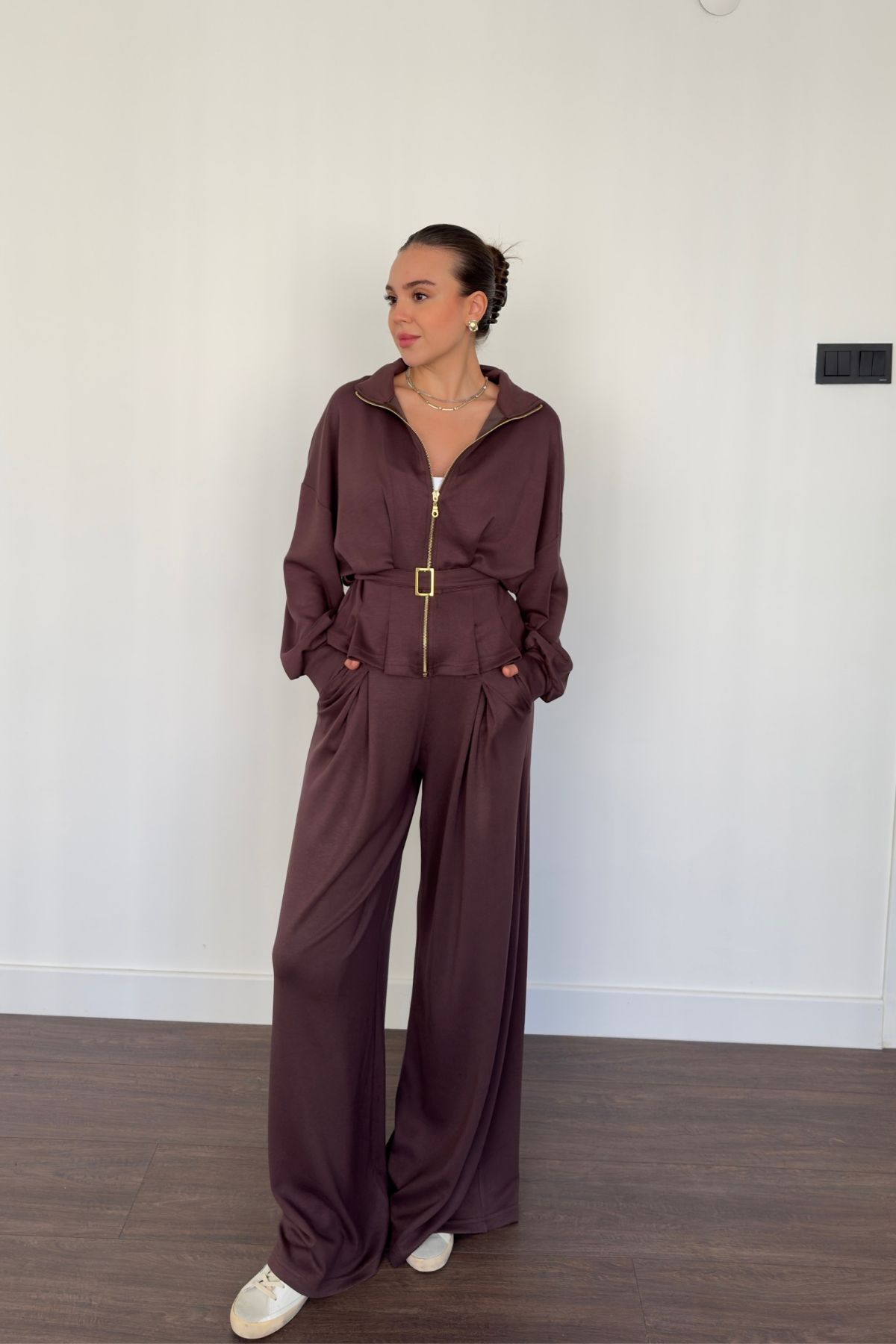 Kemerli Geniş Paça Pantolon Takım-Kahve