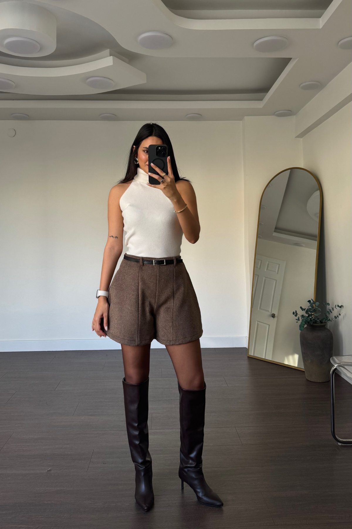 Kemerli Kaşe Şort-A.Kahve