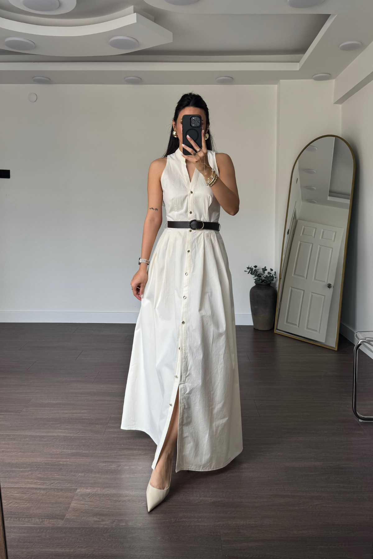 Kemerli Poplin Elbise-Ekru