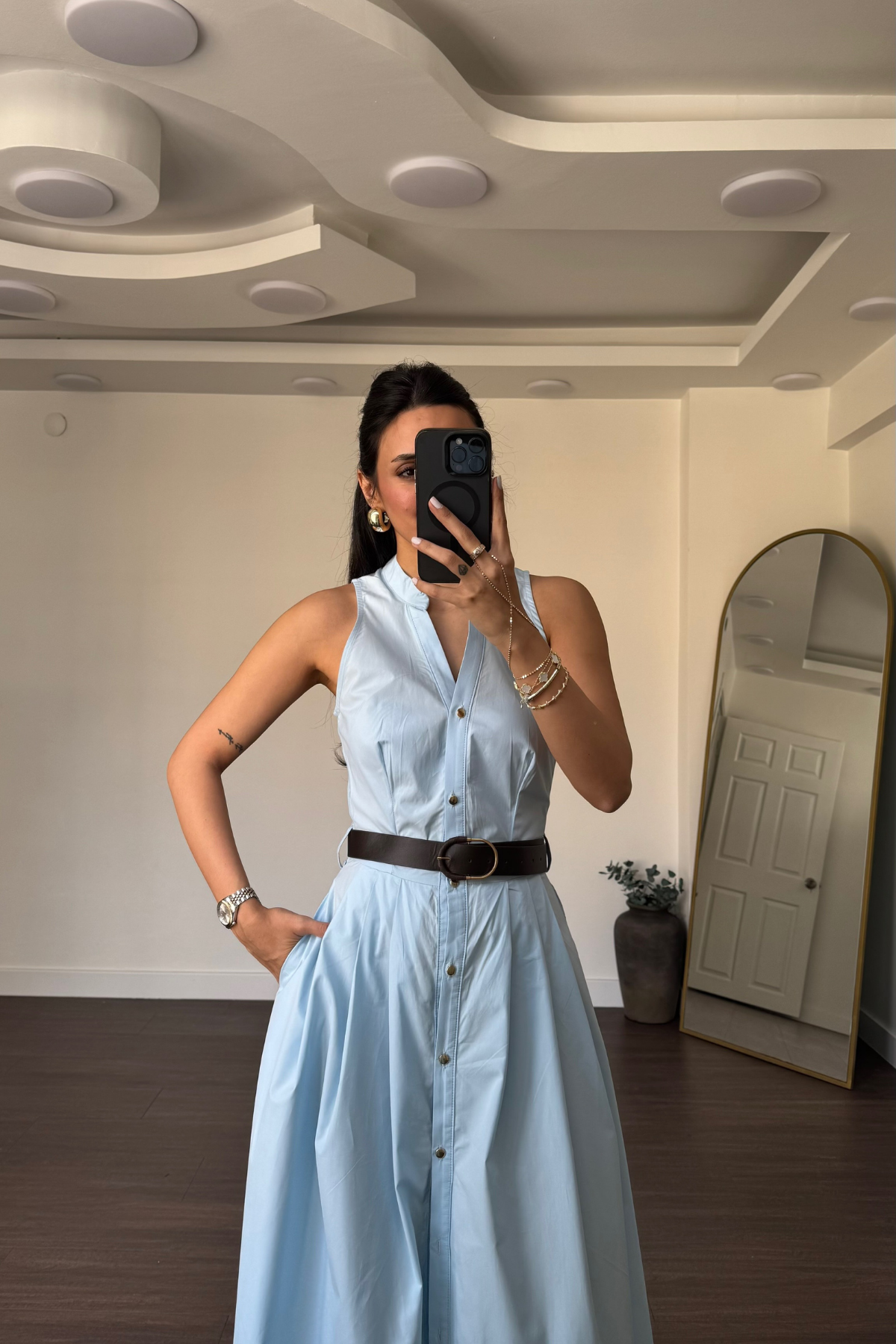 Kemerli Poplin Elbise-Mavi