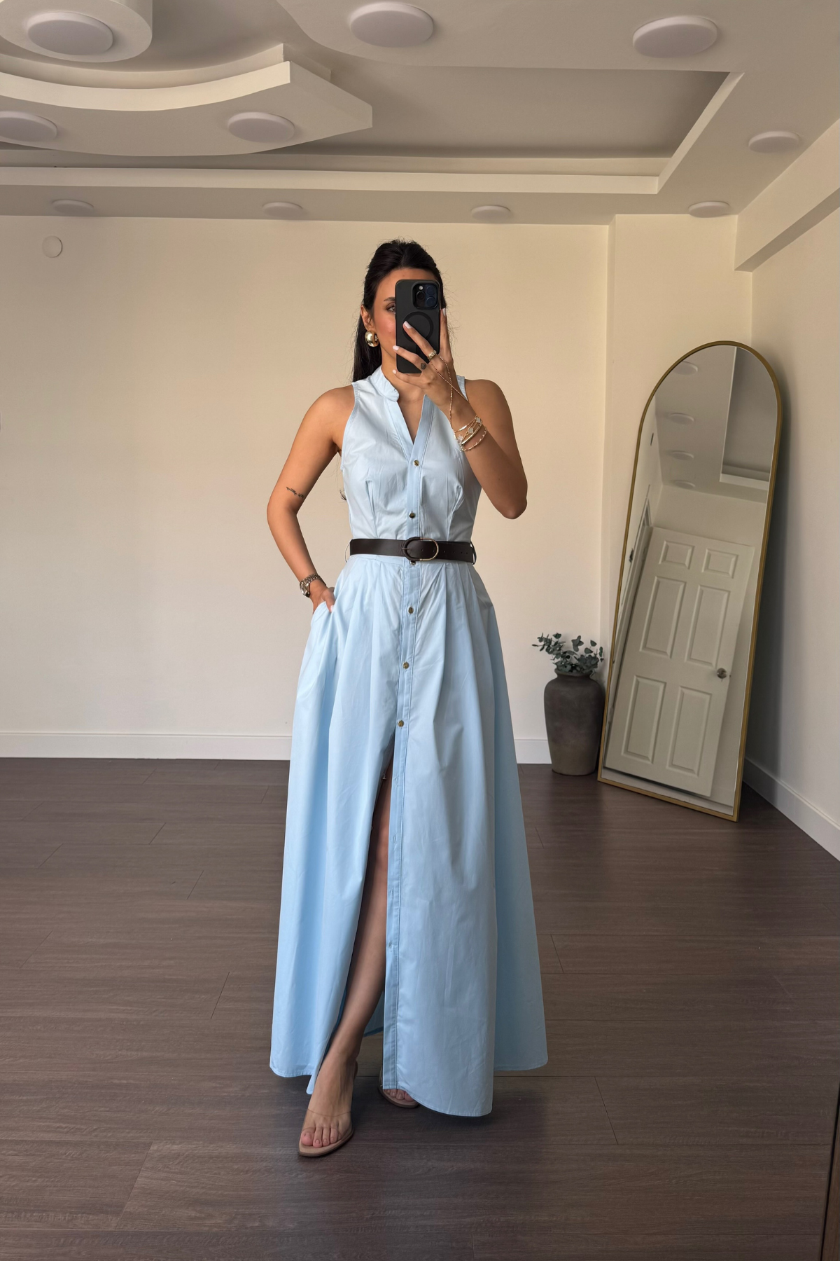 Kemerli Poplin Elbise-Mavi