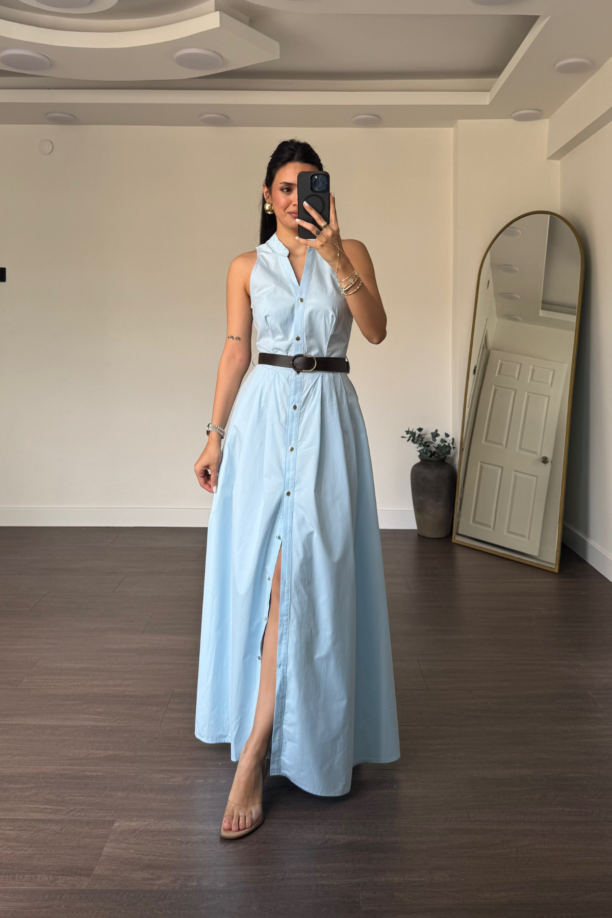 Kemerli Poplin Elbise-Mavi