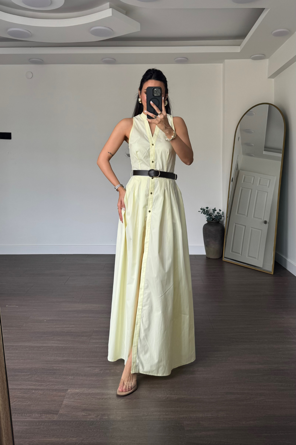 Kemerli Poplin Elbise-Sarı