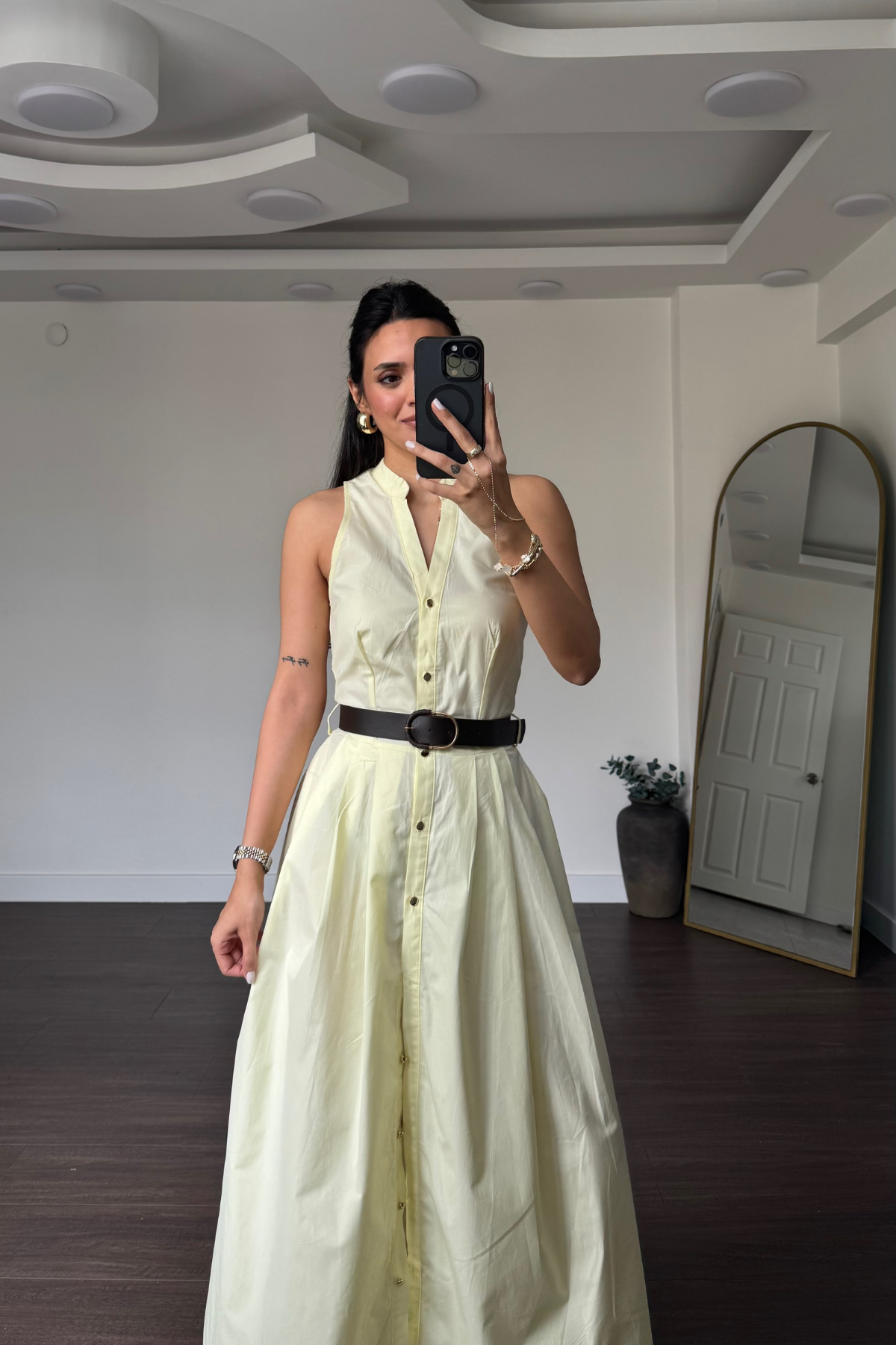 Kemerli Poplin Elbise-Sarı