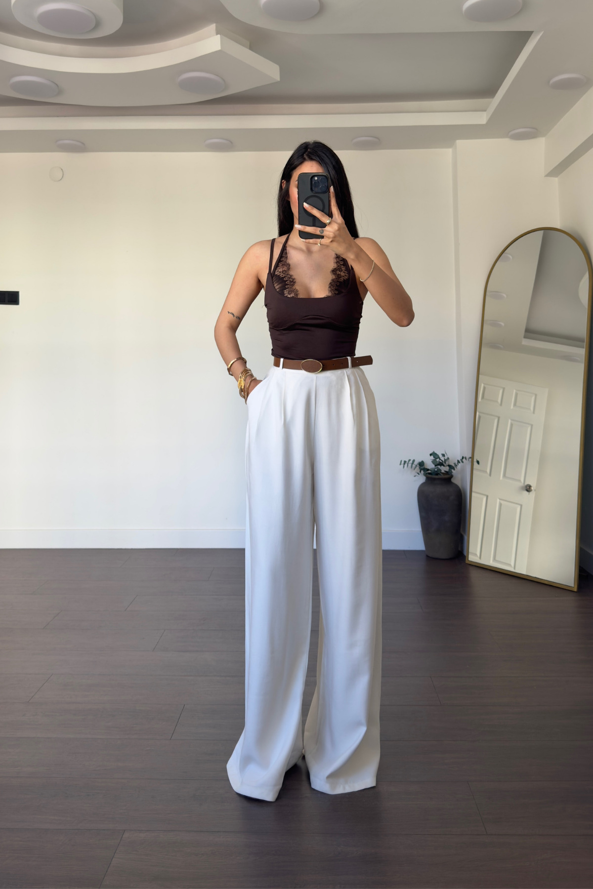 Kemerli Tensel Pantolon-Ekru