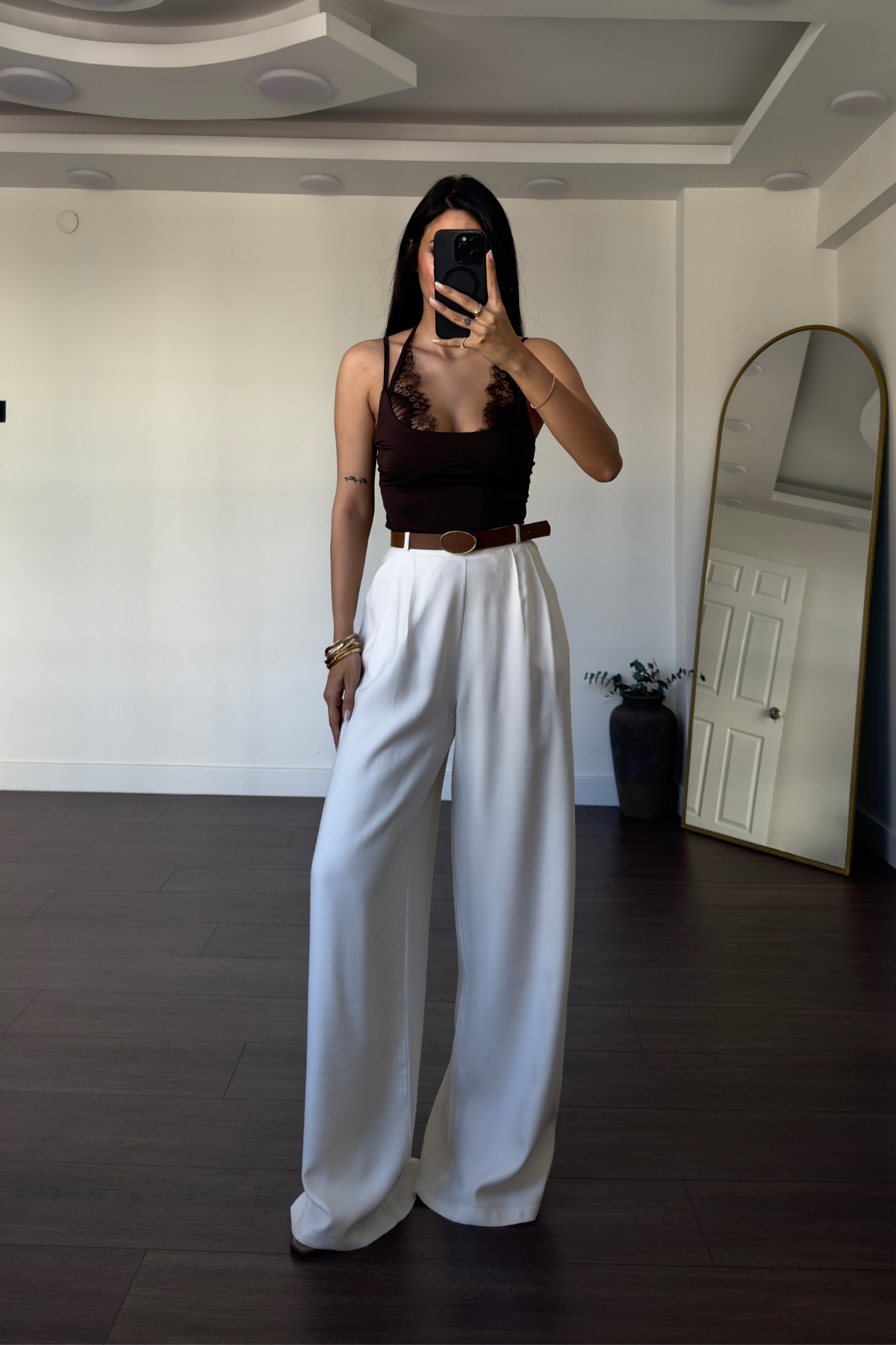 Kemerli Tensel Pantolon-Ekru