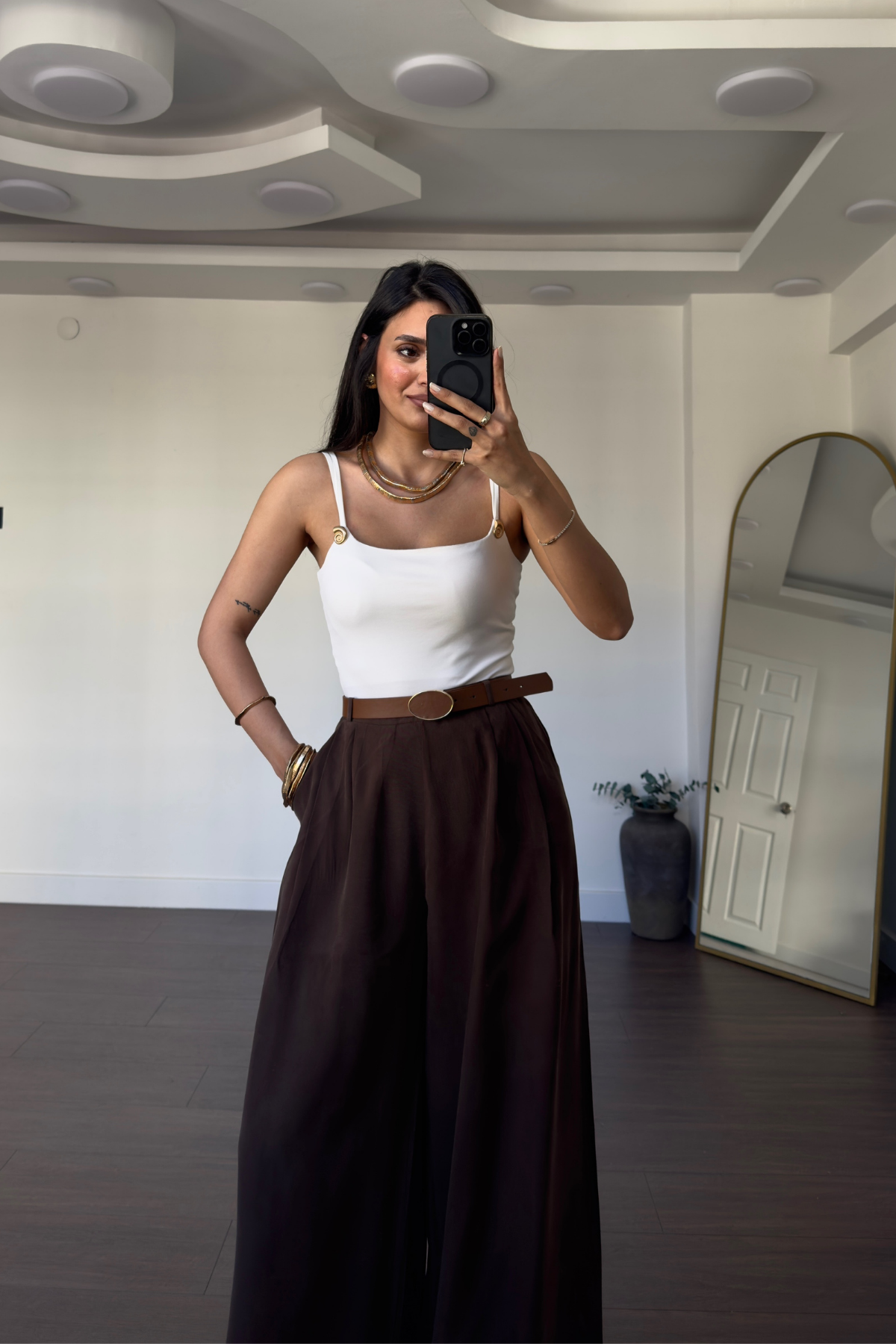 Kemerli Tensel  Pantolon-Kahve