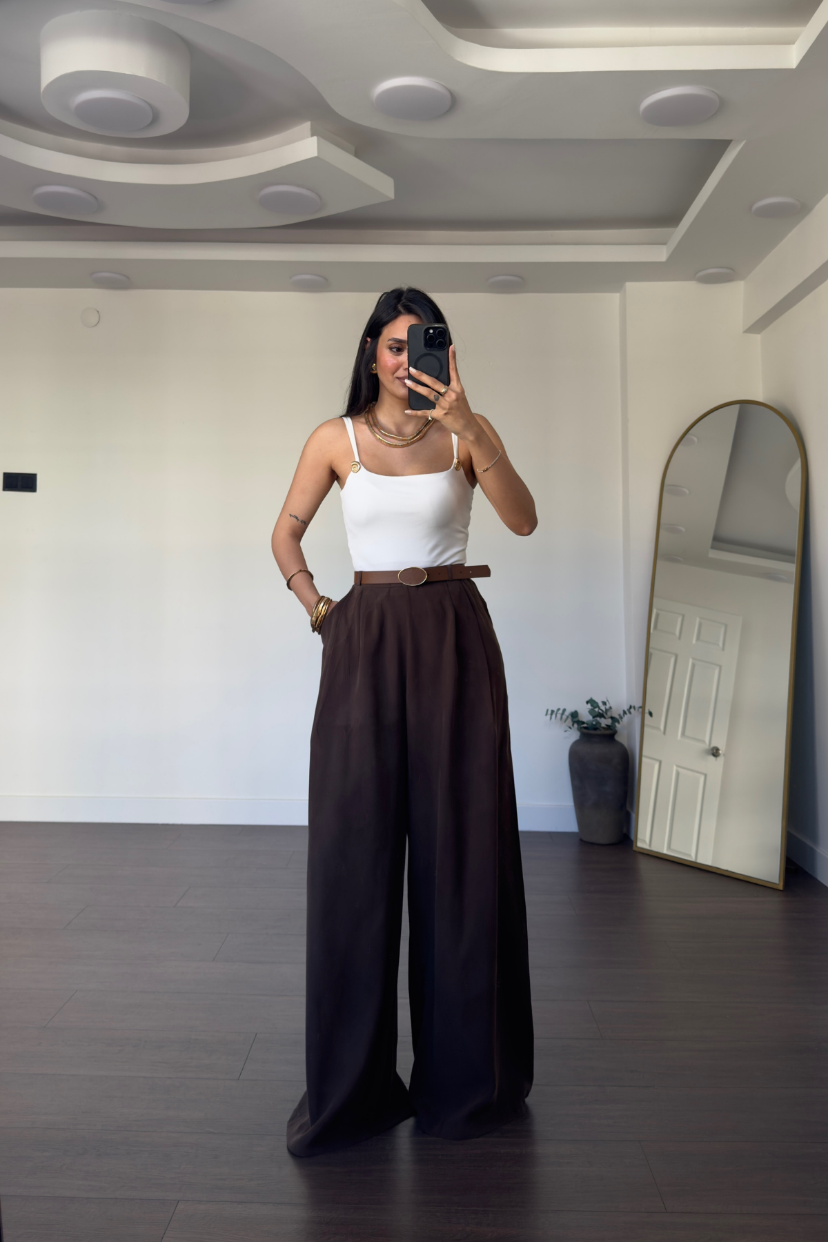Kemerli Tensel  Pantolon-Kahve