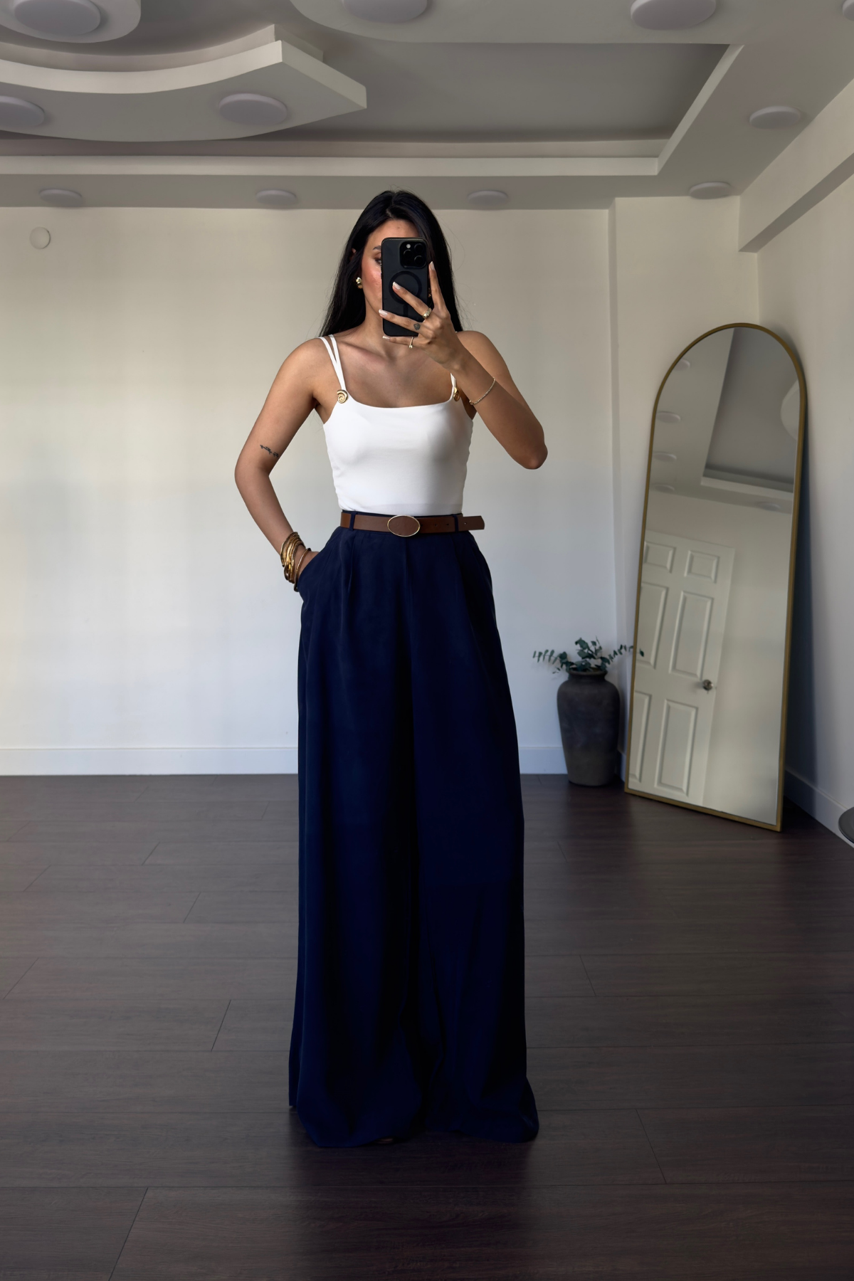 Kemerli Tensel  Pantolon-Lacivert