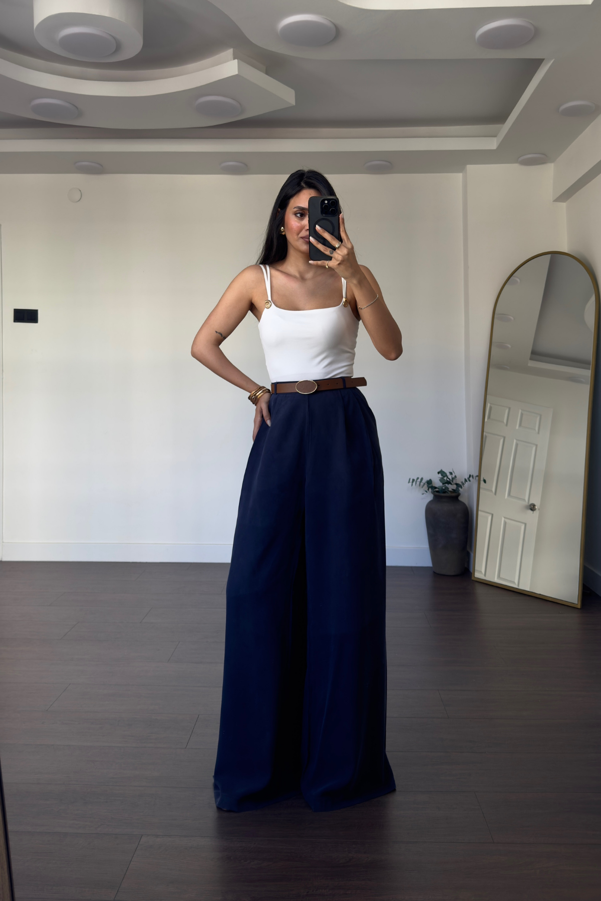 Kemerli Tensel  Pantolon-Lacivert