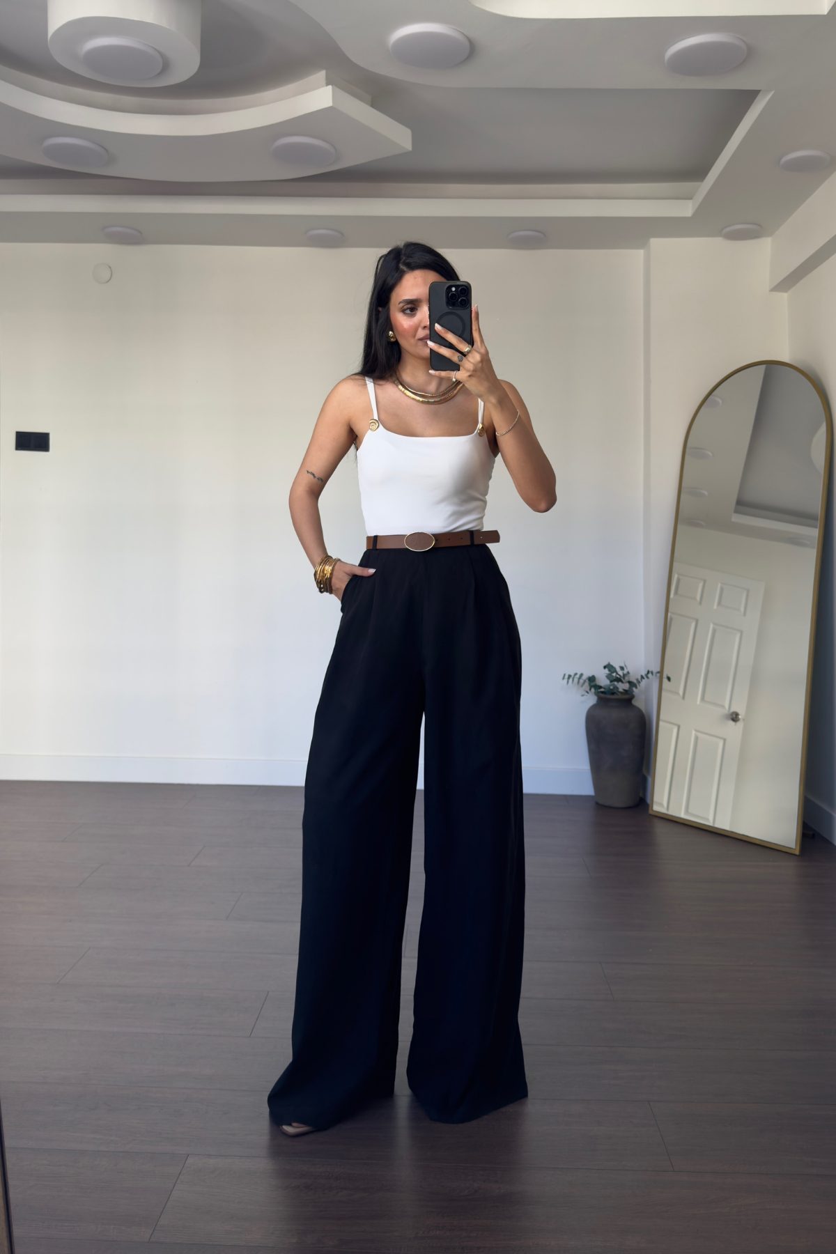 Kemerli Tensel  Pantolon-Siyah