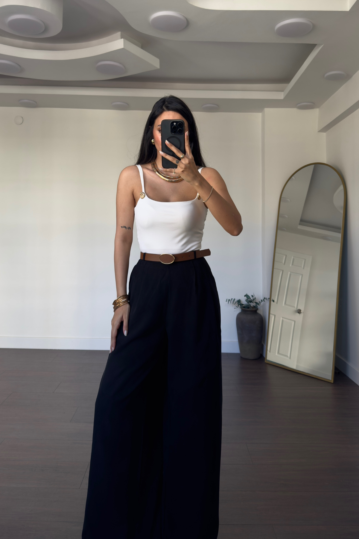 Kemerli Tensel  Pantolon-Siyah