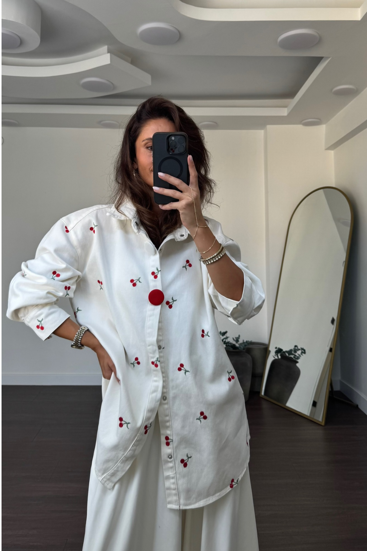 Kiraz Nakışlı Gabardin Gömlek Ceket-Ekru