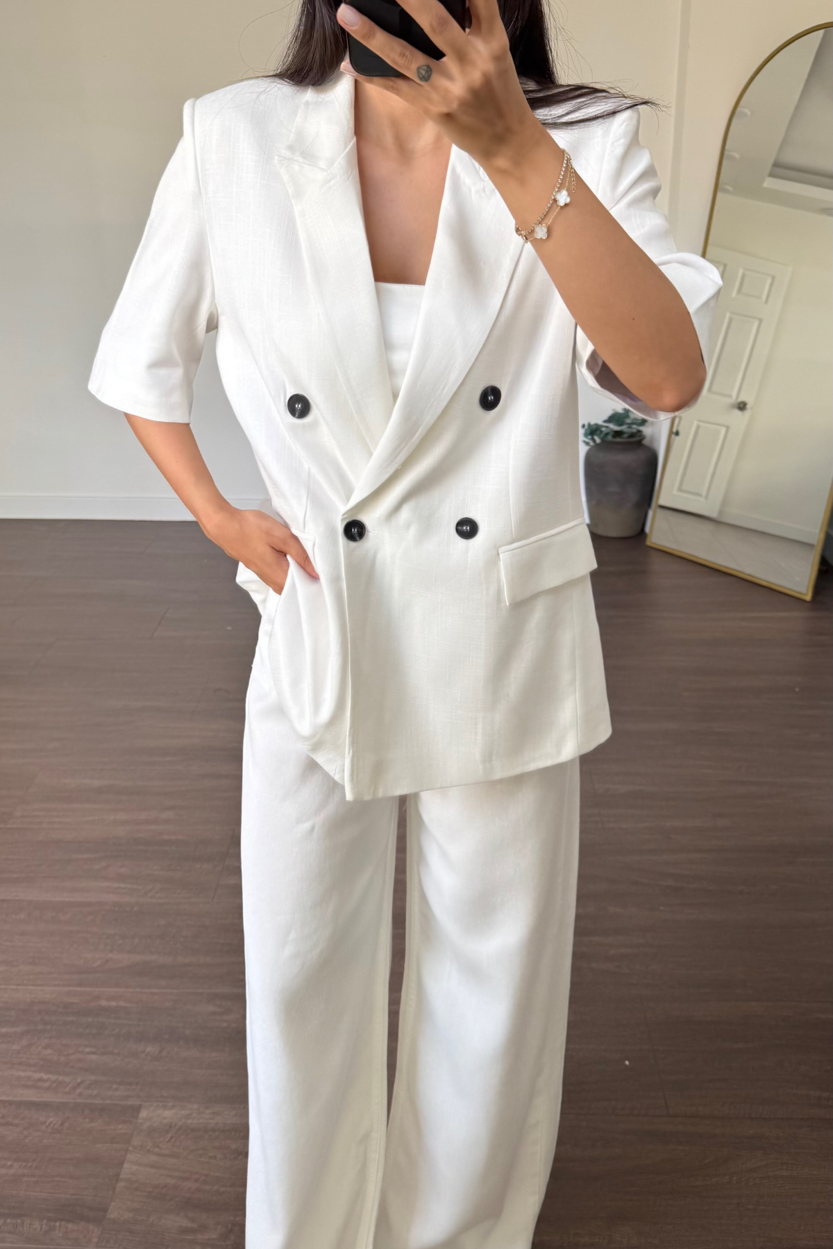Kısa Kollu Keten Blazer Ceket-Beyaz