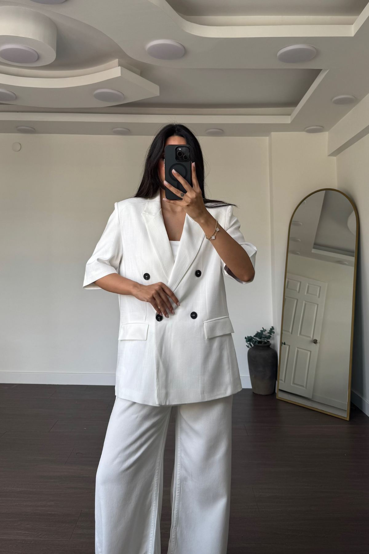 Kısa Kollu Keten Blazer Ceket-Beyaz