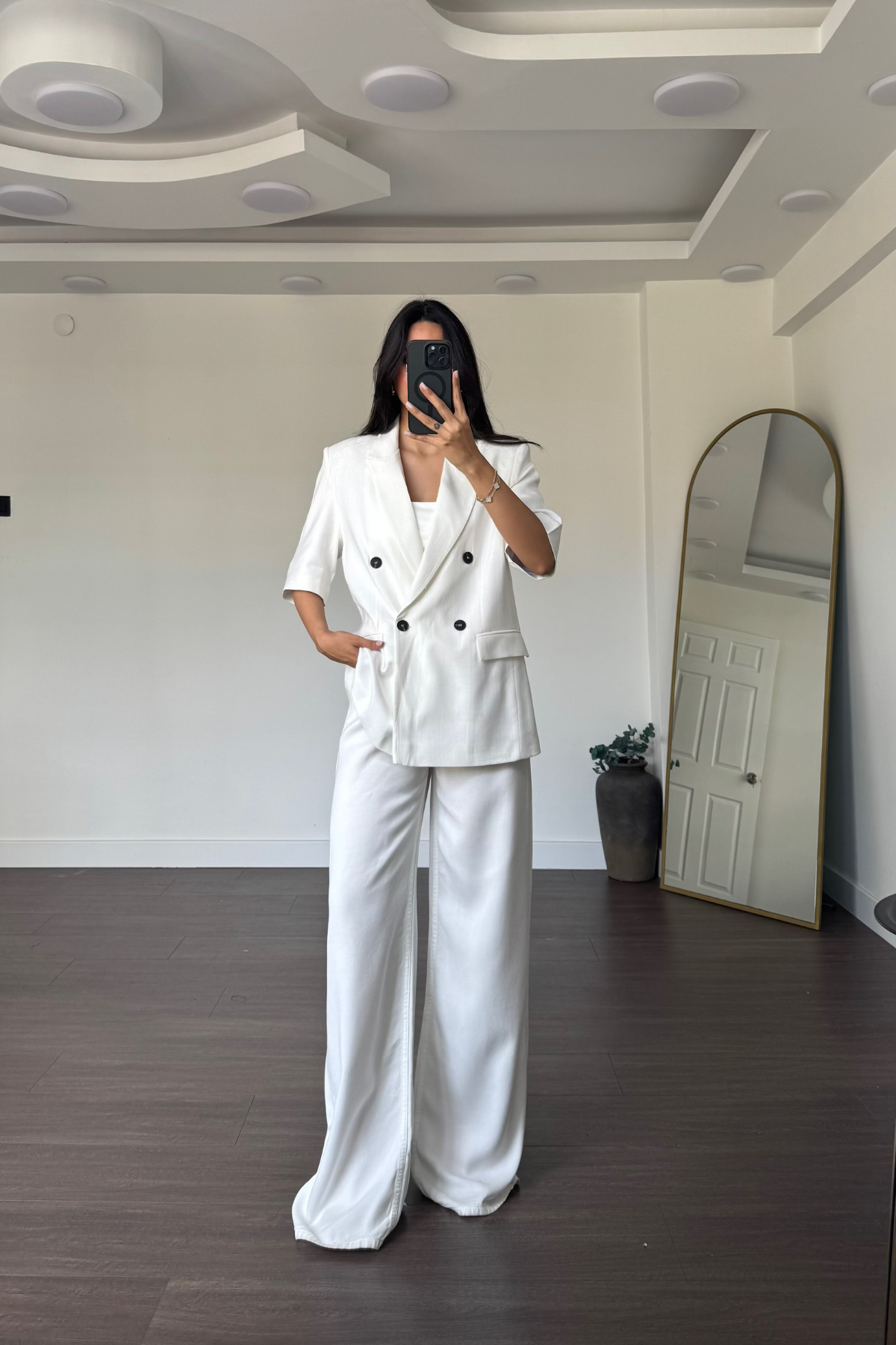 Kısa Kollu Keten Blazer Ceket-Beyaz