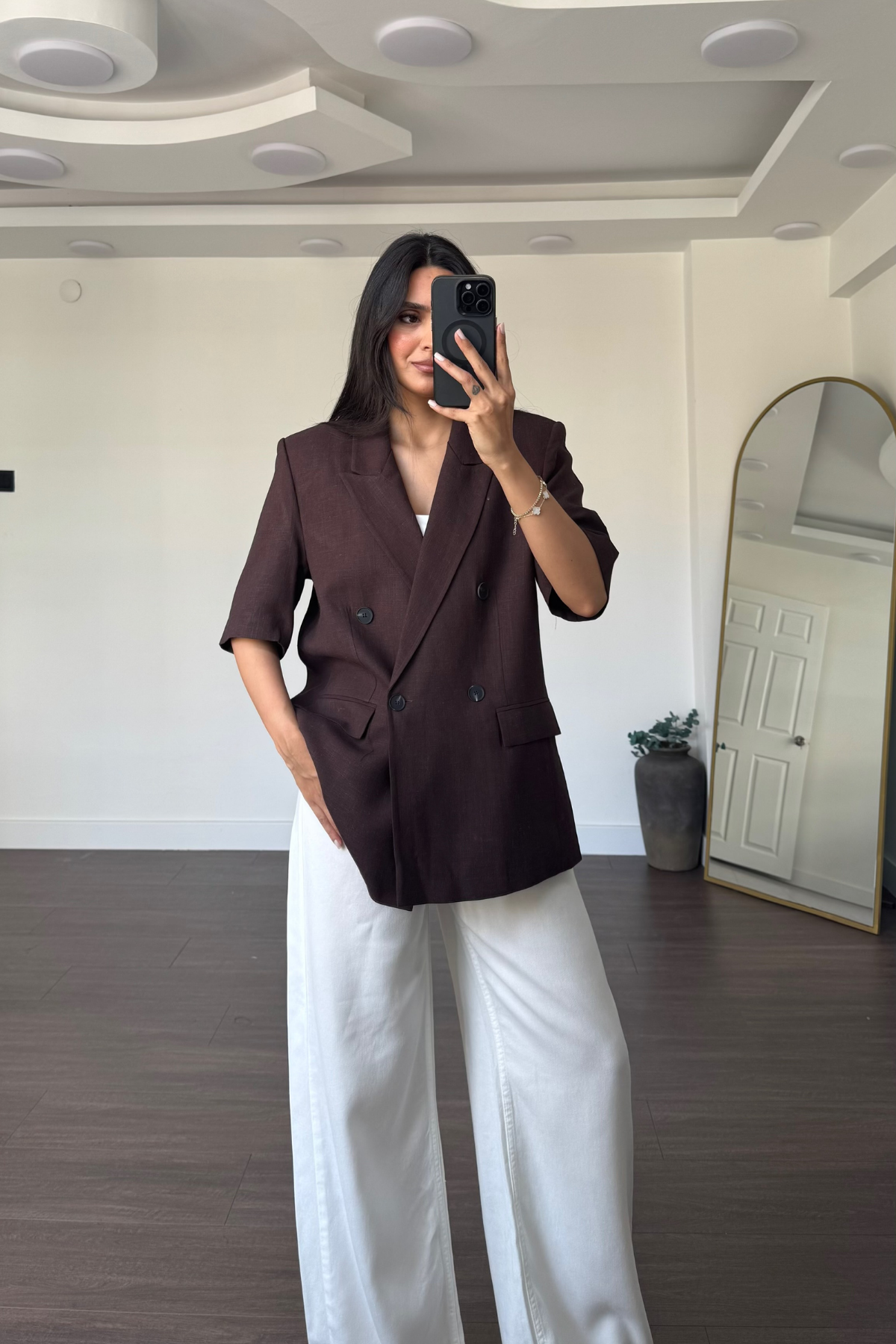 Kısa Kollu Keten Blazer Ceket-Kahve