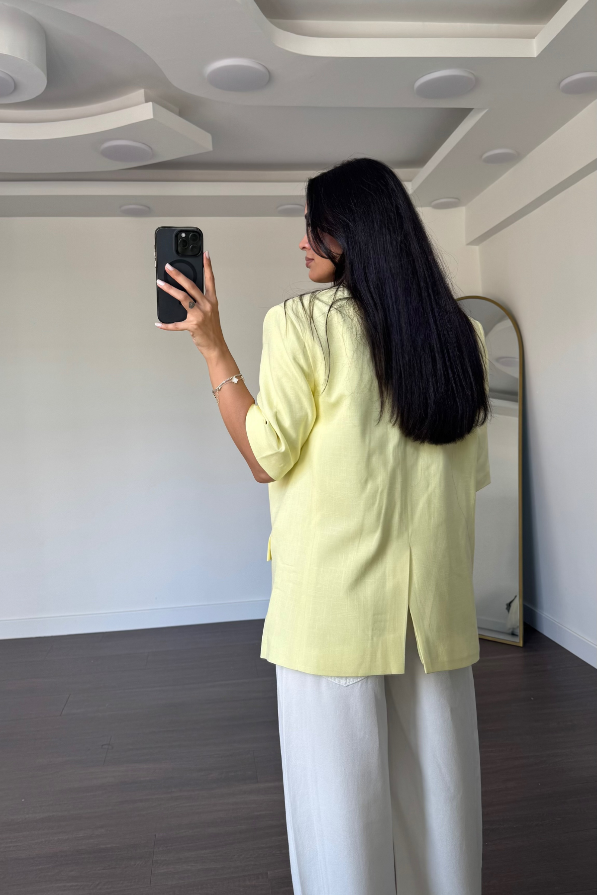 Kısa Kollu Keten Blazer Ceket-Sarı