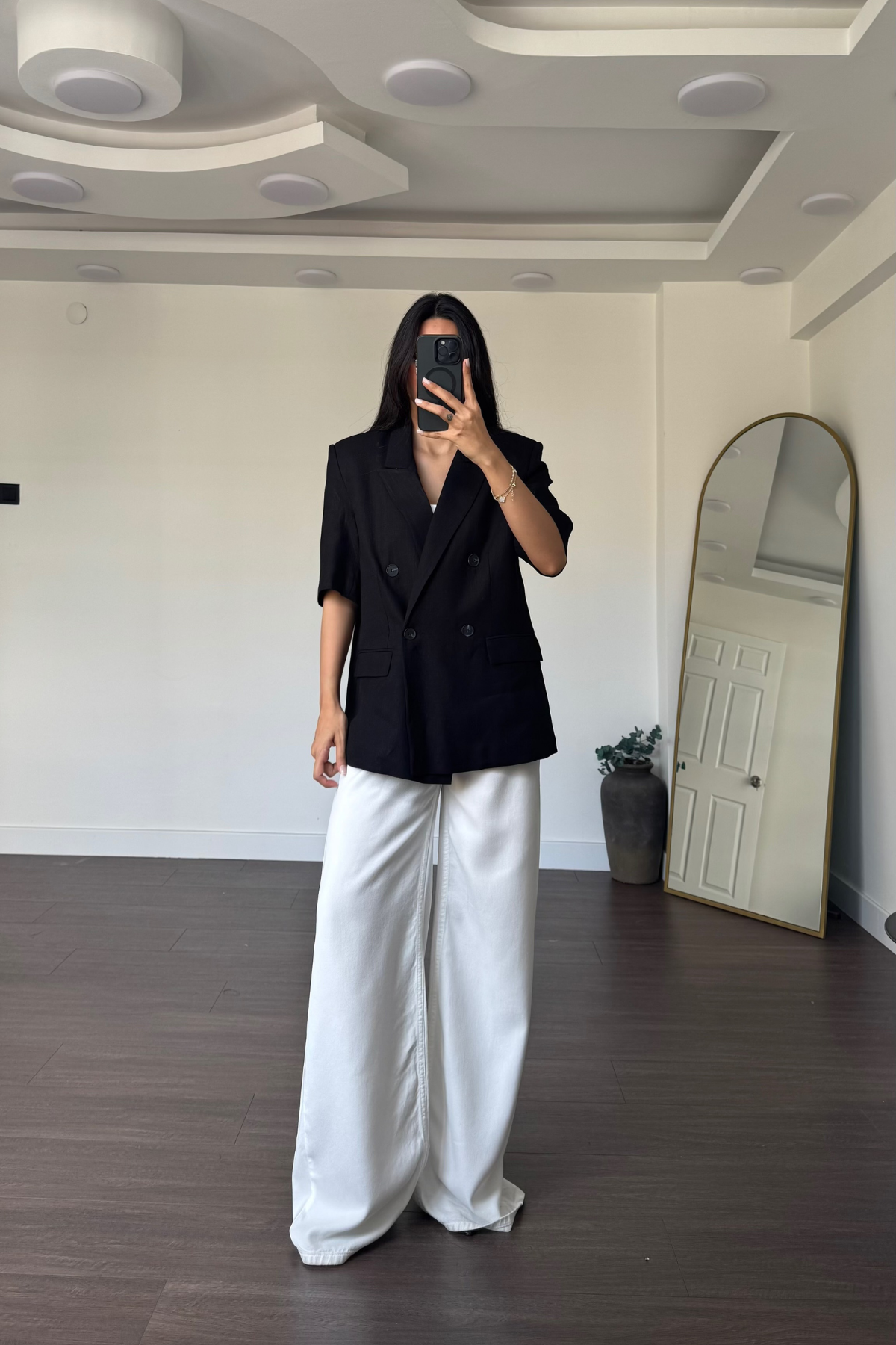 Kısa Kollu Keten Blazer Ceket-Siyah