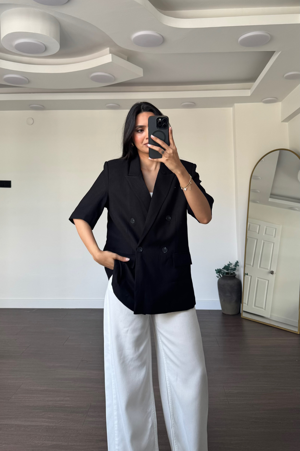 Kısa Kollu Keten Blazer Ceket-Siyah