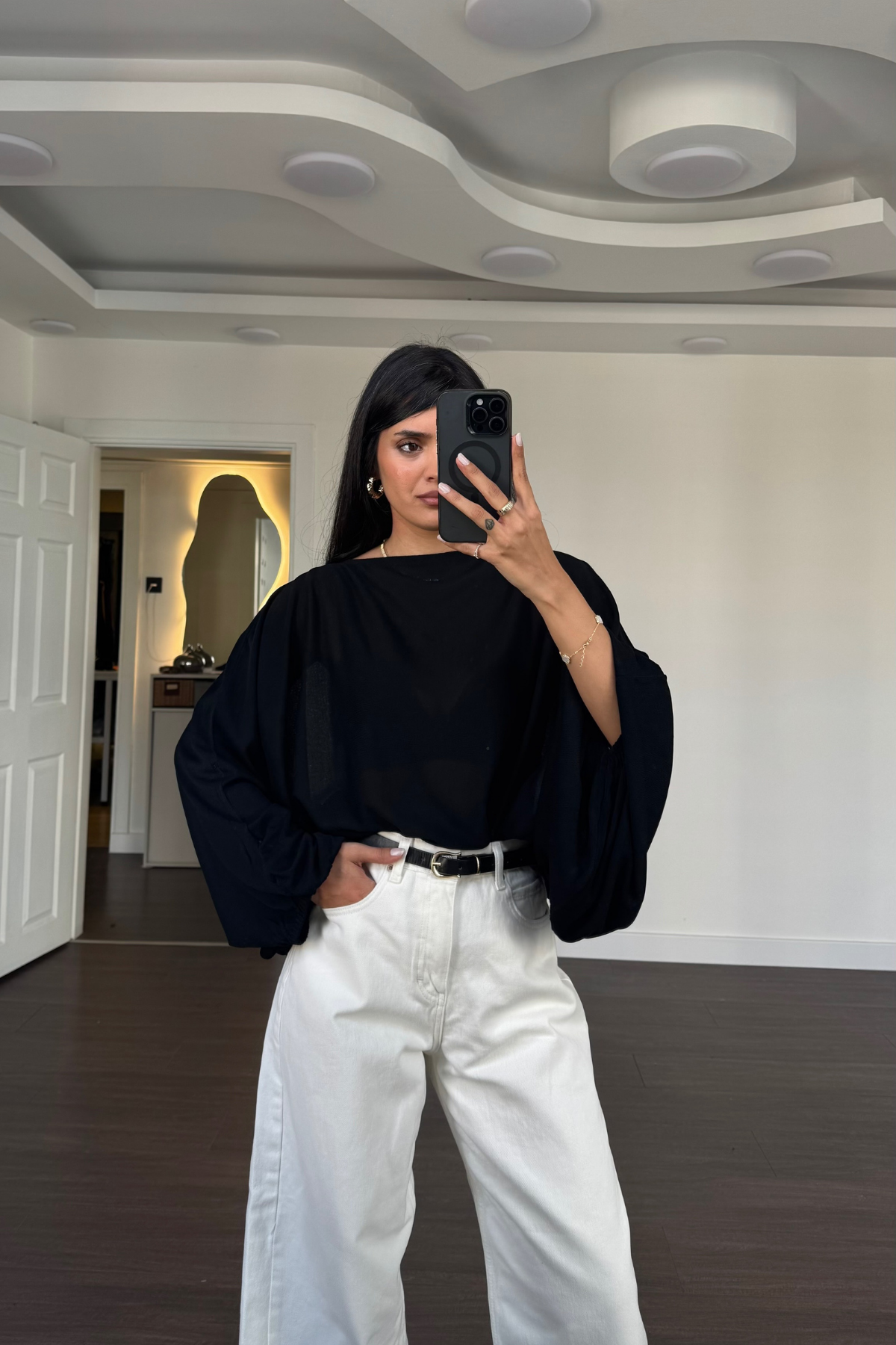 Kolları Lastikli Oversize Bluz-Siyah