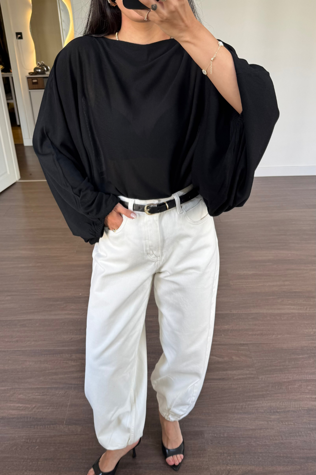 Kolları Lastikli Oversize Bluz-Siyah