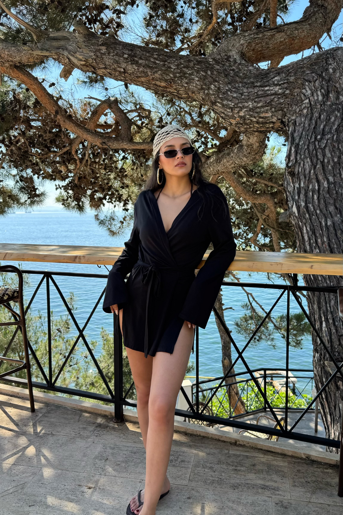Kruvaze Bağlamalı Kimono Elbise-Siyah