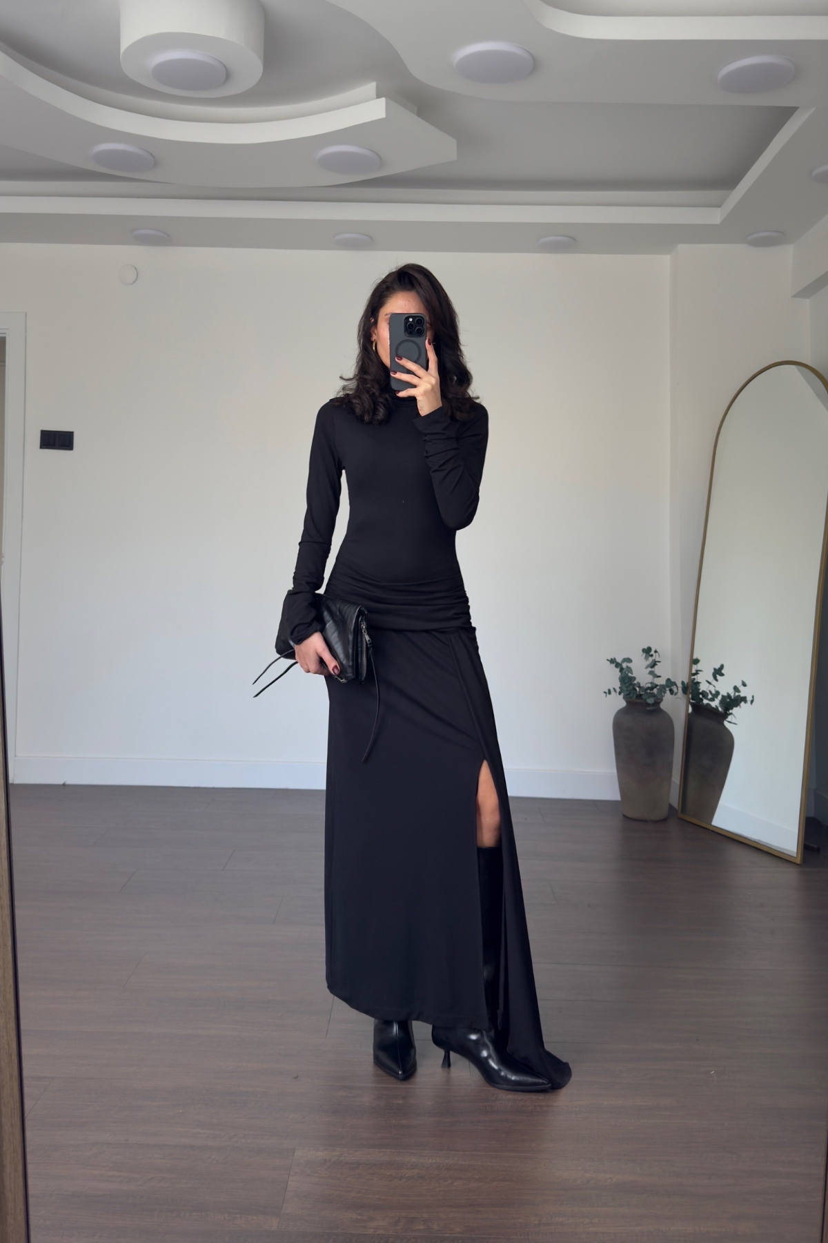 Kuşak Detaylı Elbise-Siyah