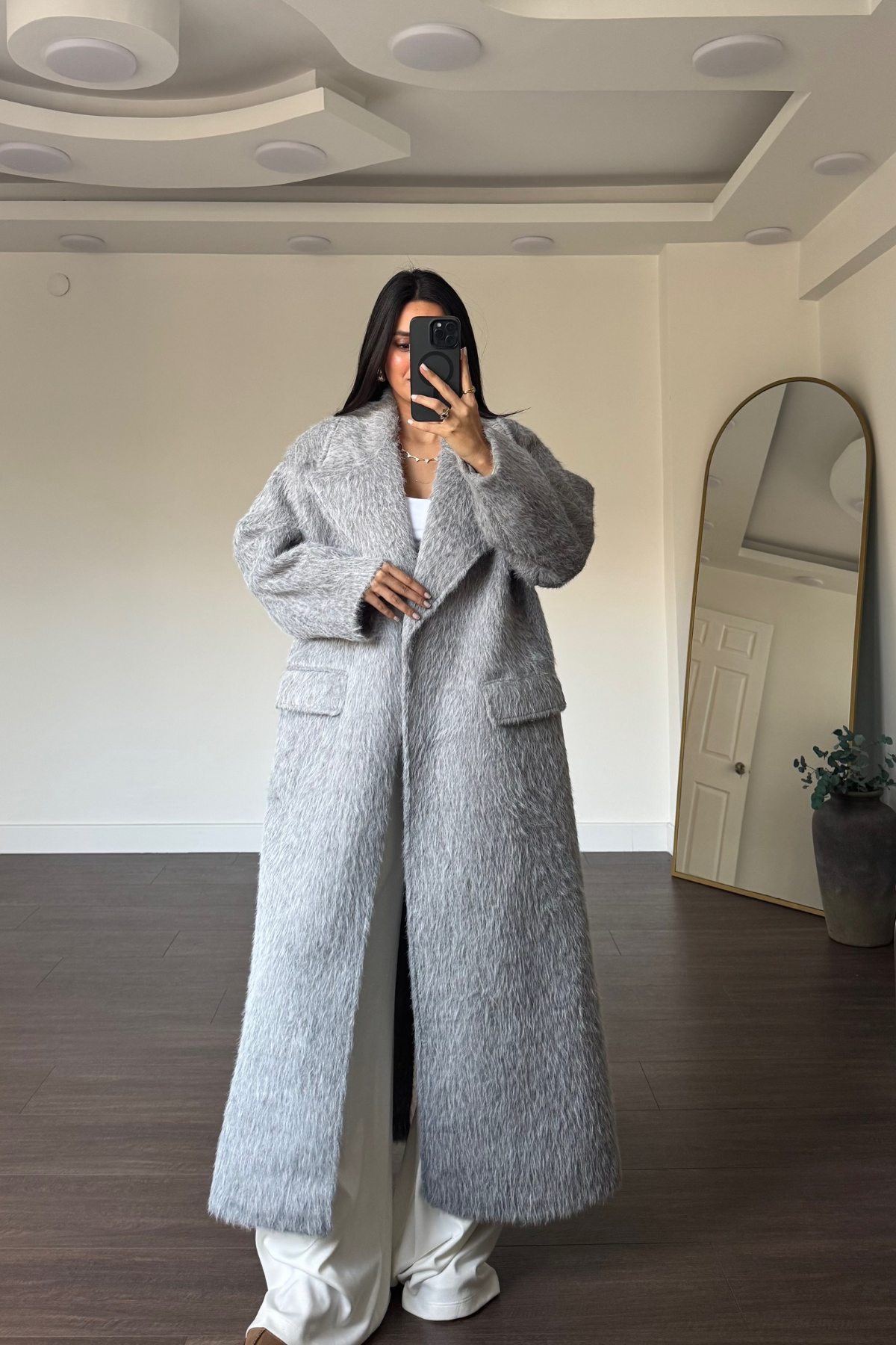 Kuşaklı Oversize Kaban-Gri