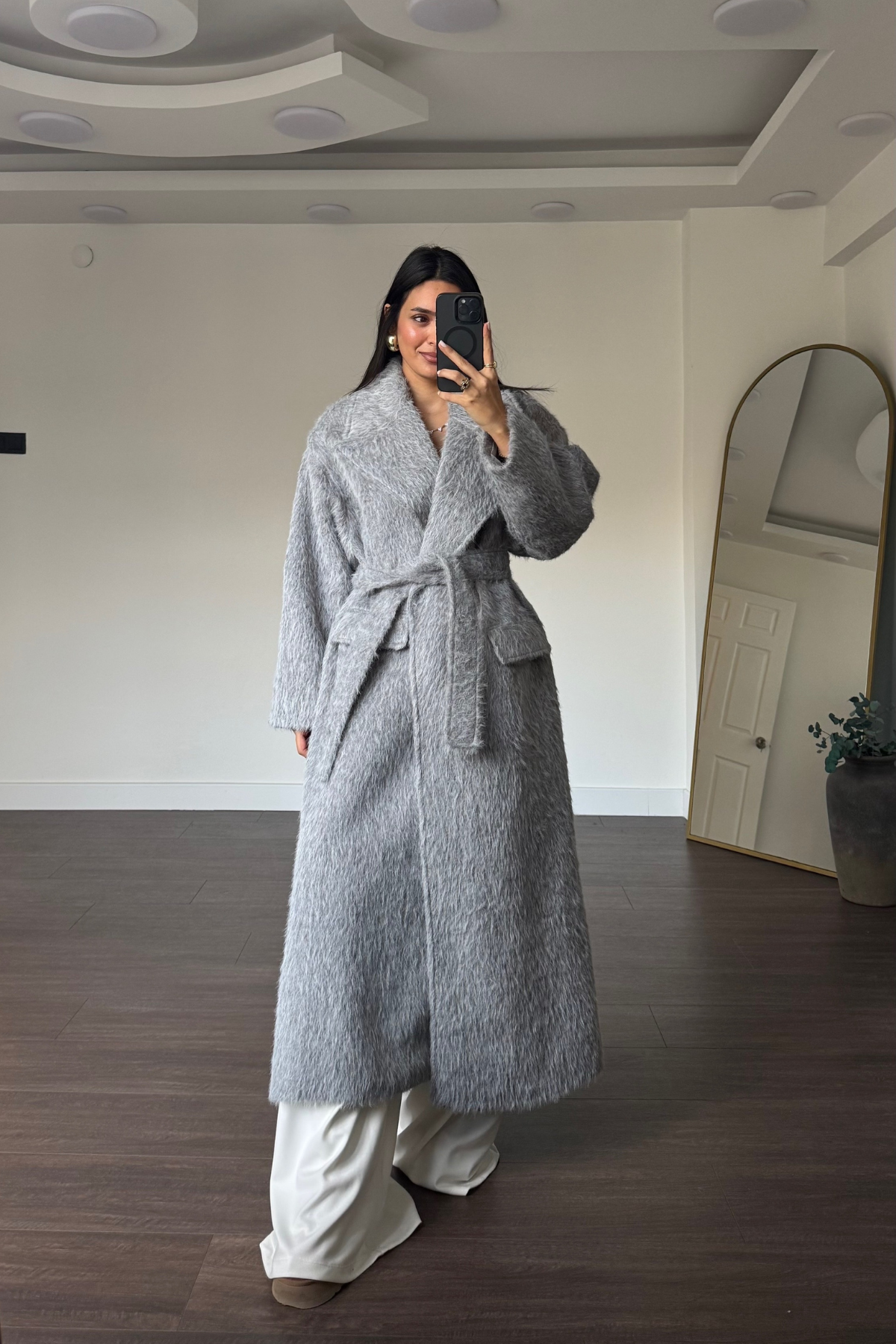 Kuşaklı Oversize Kaban-Gri