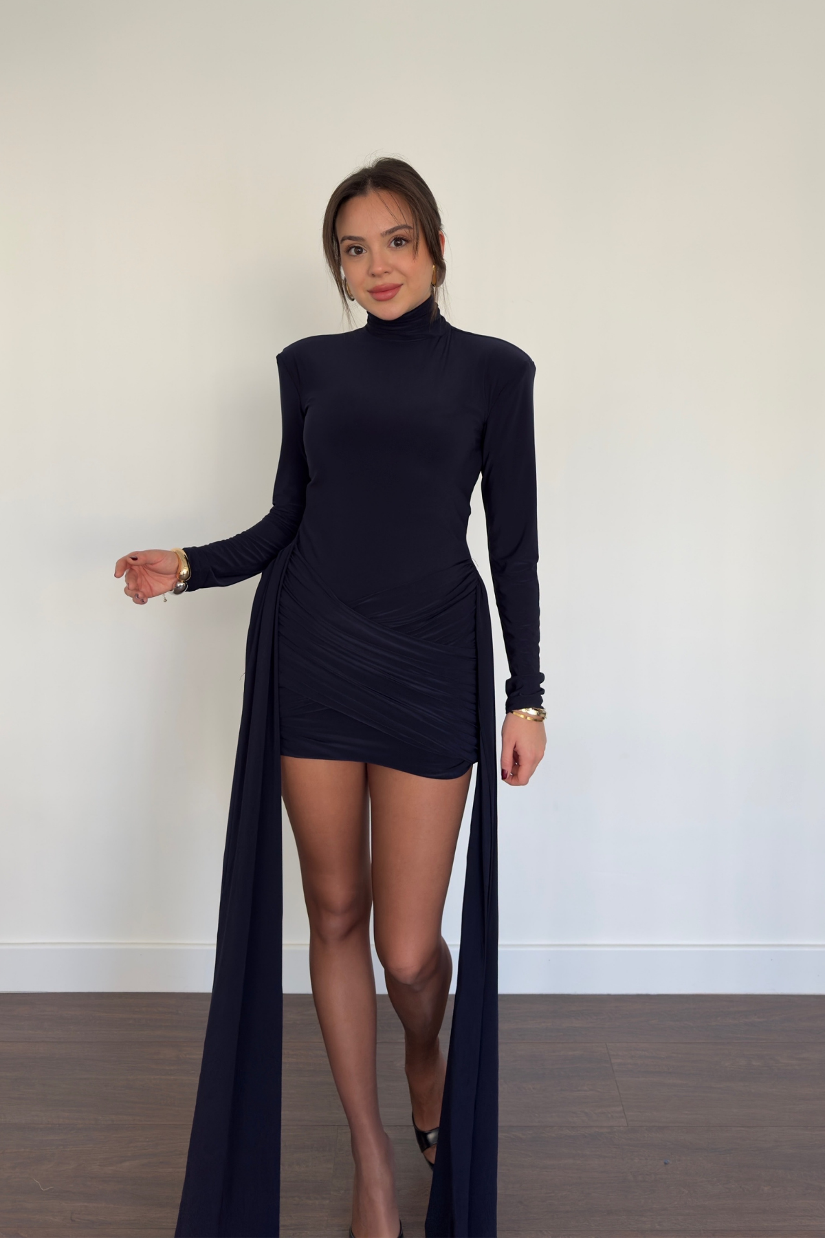 Kuyruklu Mini Elbise-Lacivert