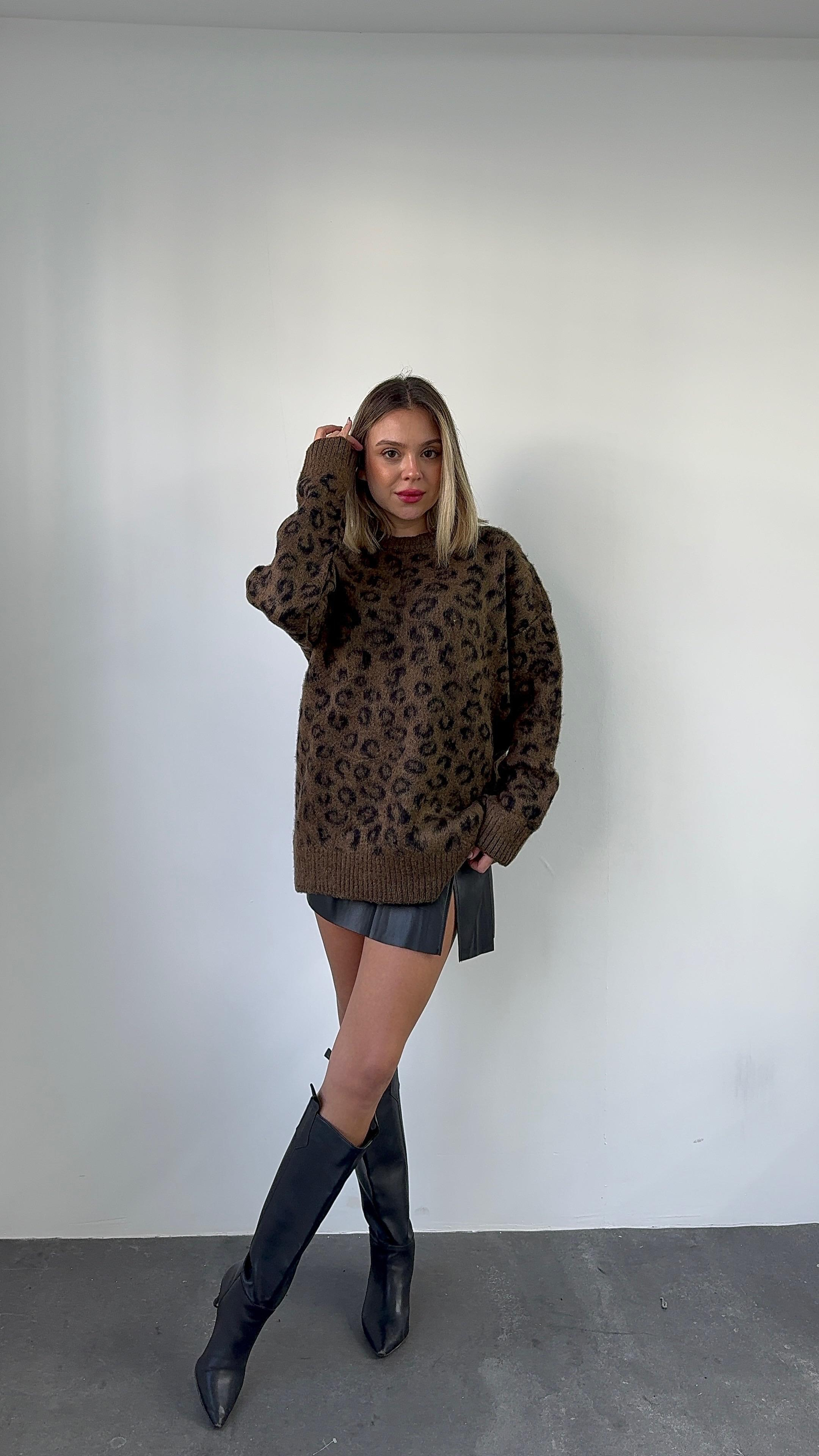 Leopar Desen KahveTriko Kazak