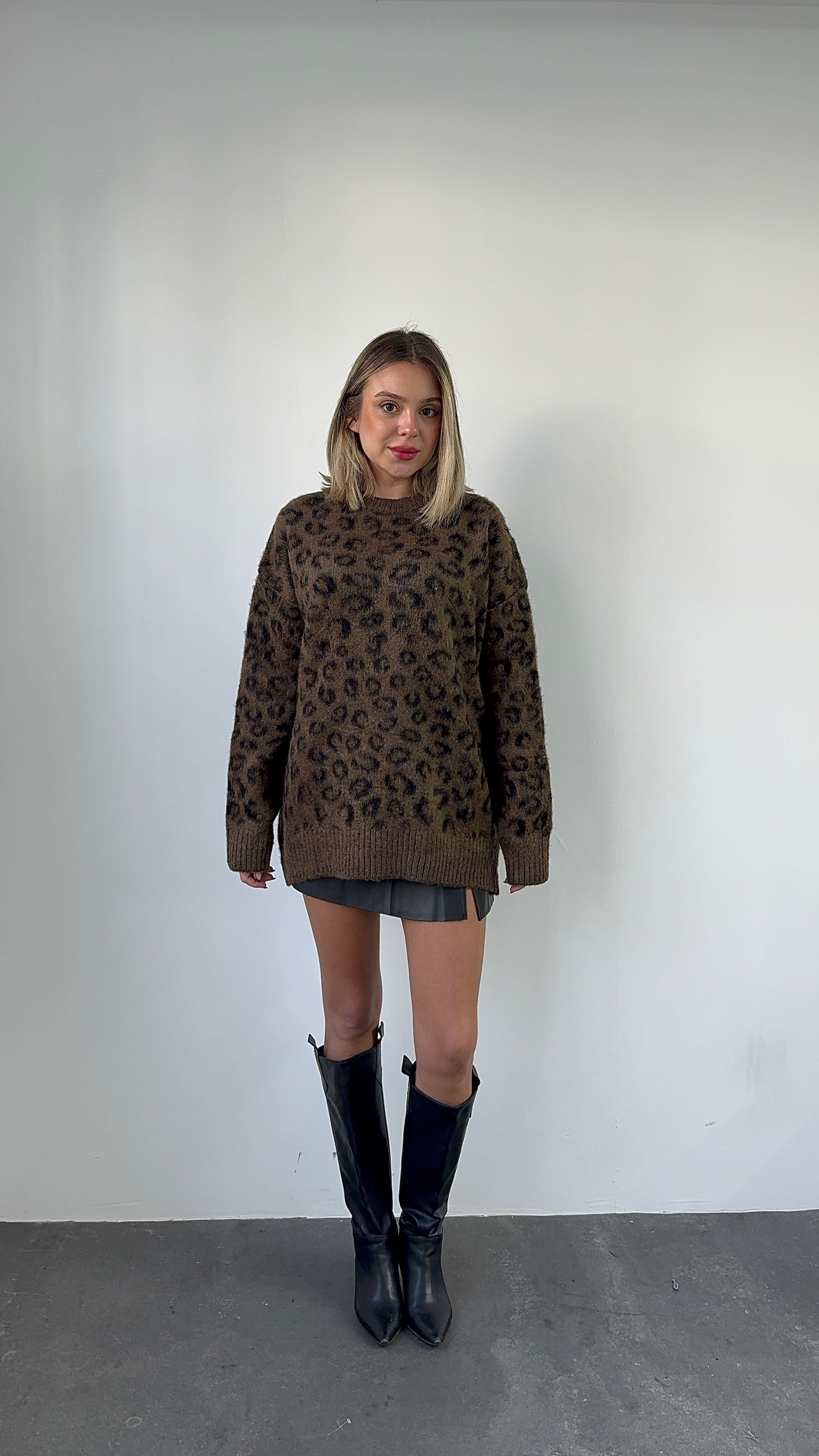 Leopar Desen KahveTriko Kazak
