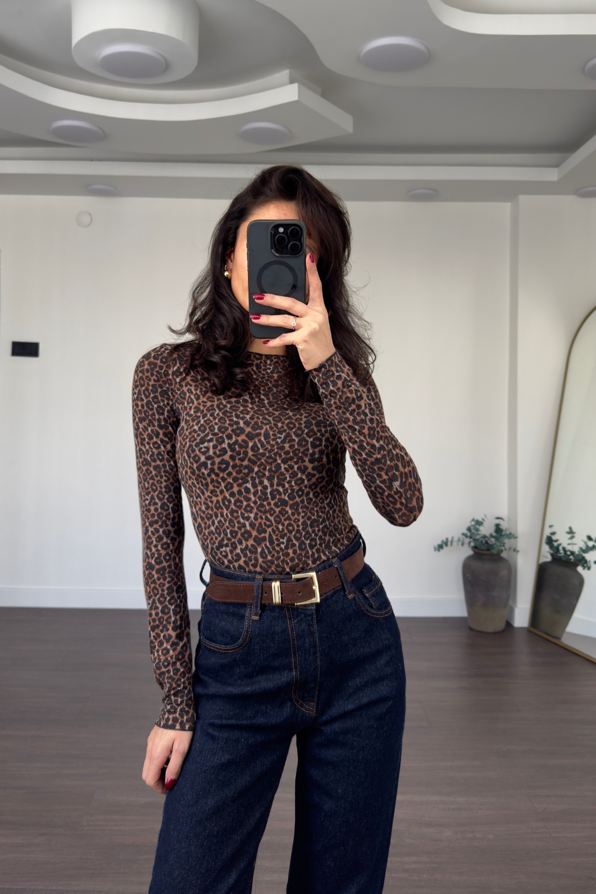 Leopar Desen Kaşmir Bluz-Siyah