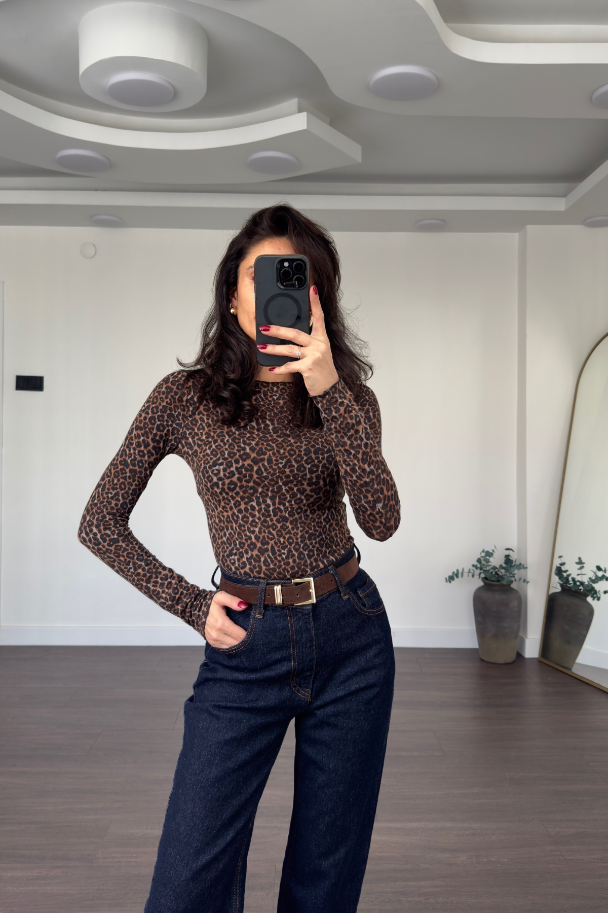Leopar Desen Kaşmir Bluz-Siyah