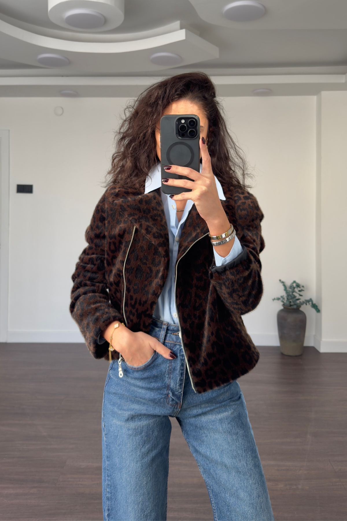 Leopar Desen Kısa Ceket-Siyah