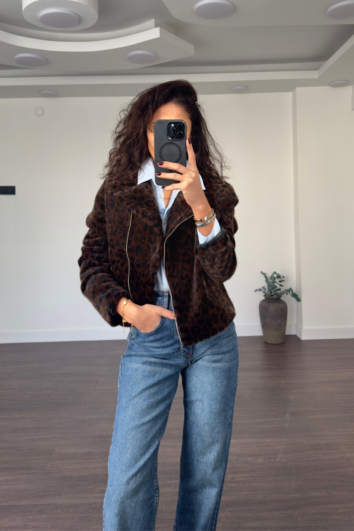 Leopar Desen Kısa Ceket-Siyah