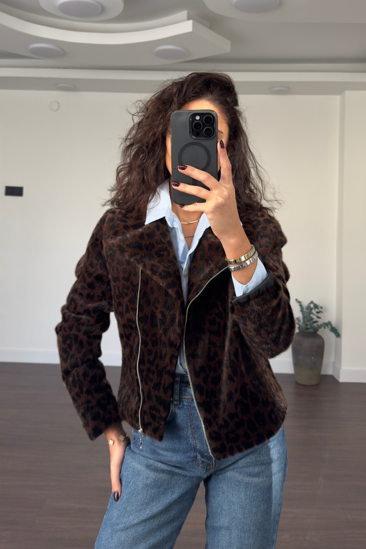 Leopar Desen Kısa Ceket-Siyah