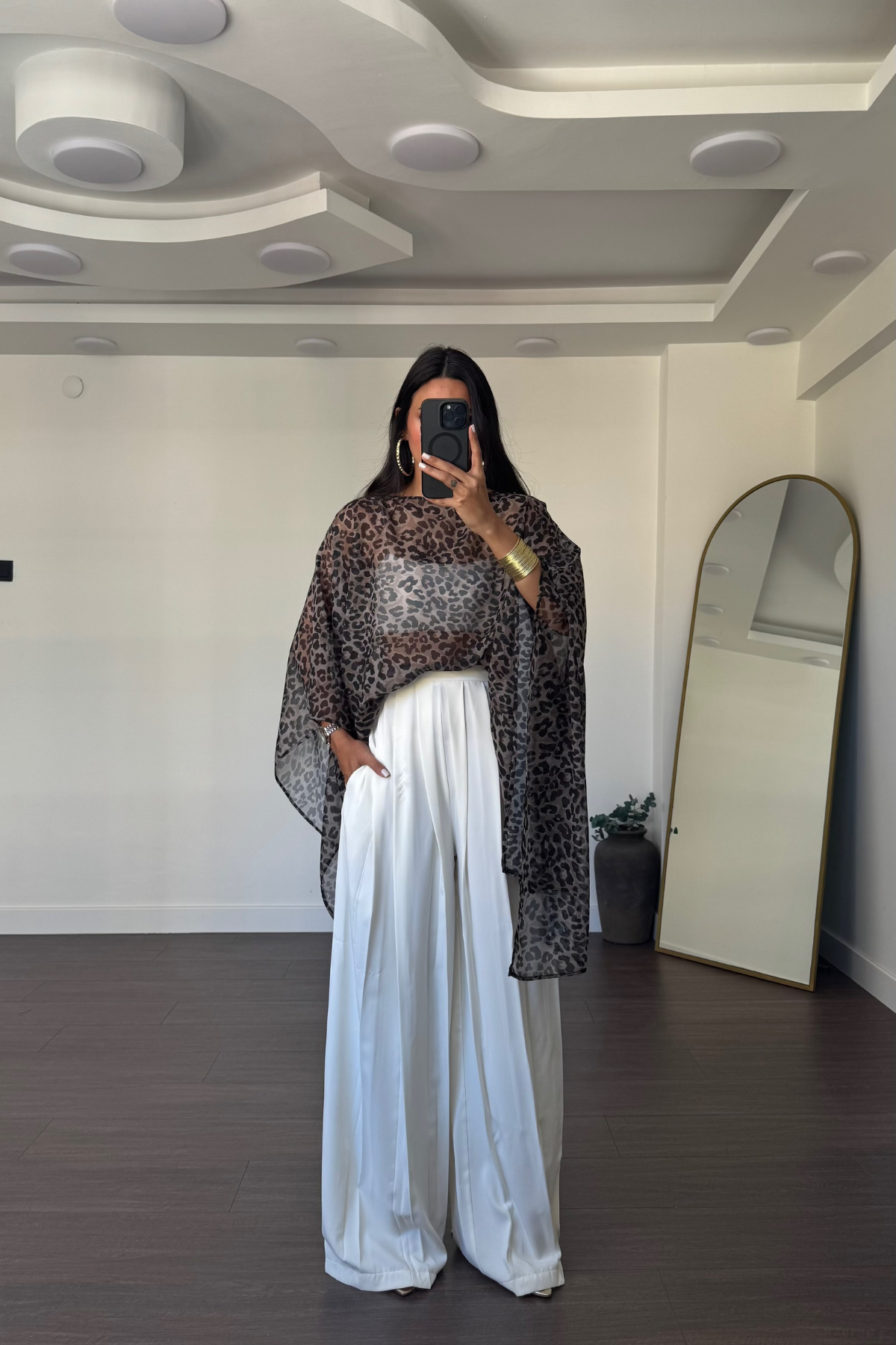 Leopar Desenli Pança Bluz-Kahve