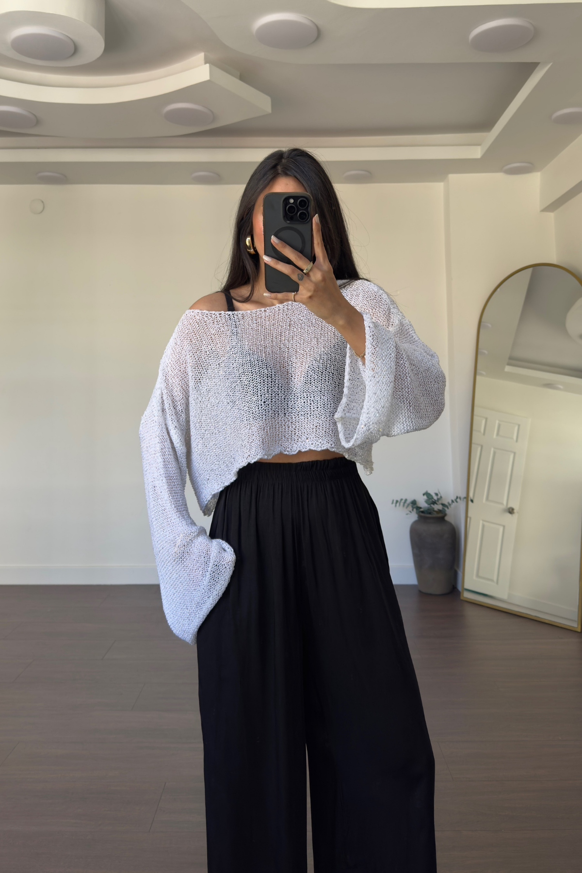 Merserize Pullu Crop Bluz-Beyaz