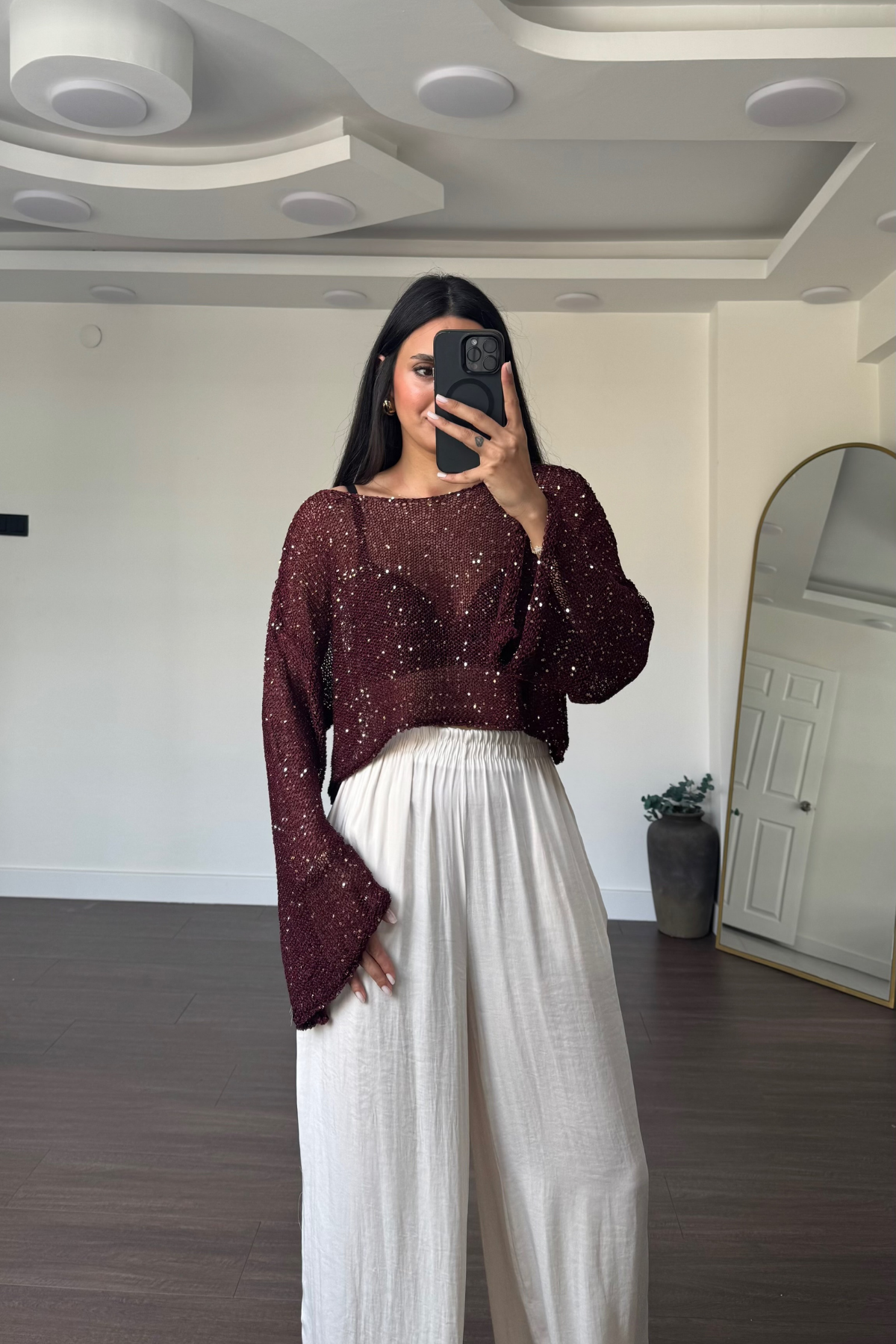 Merserize Pullu Crop Bluz-Bordo