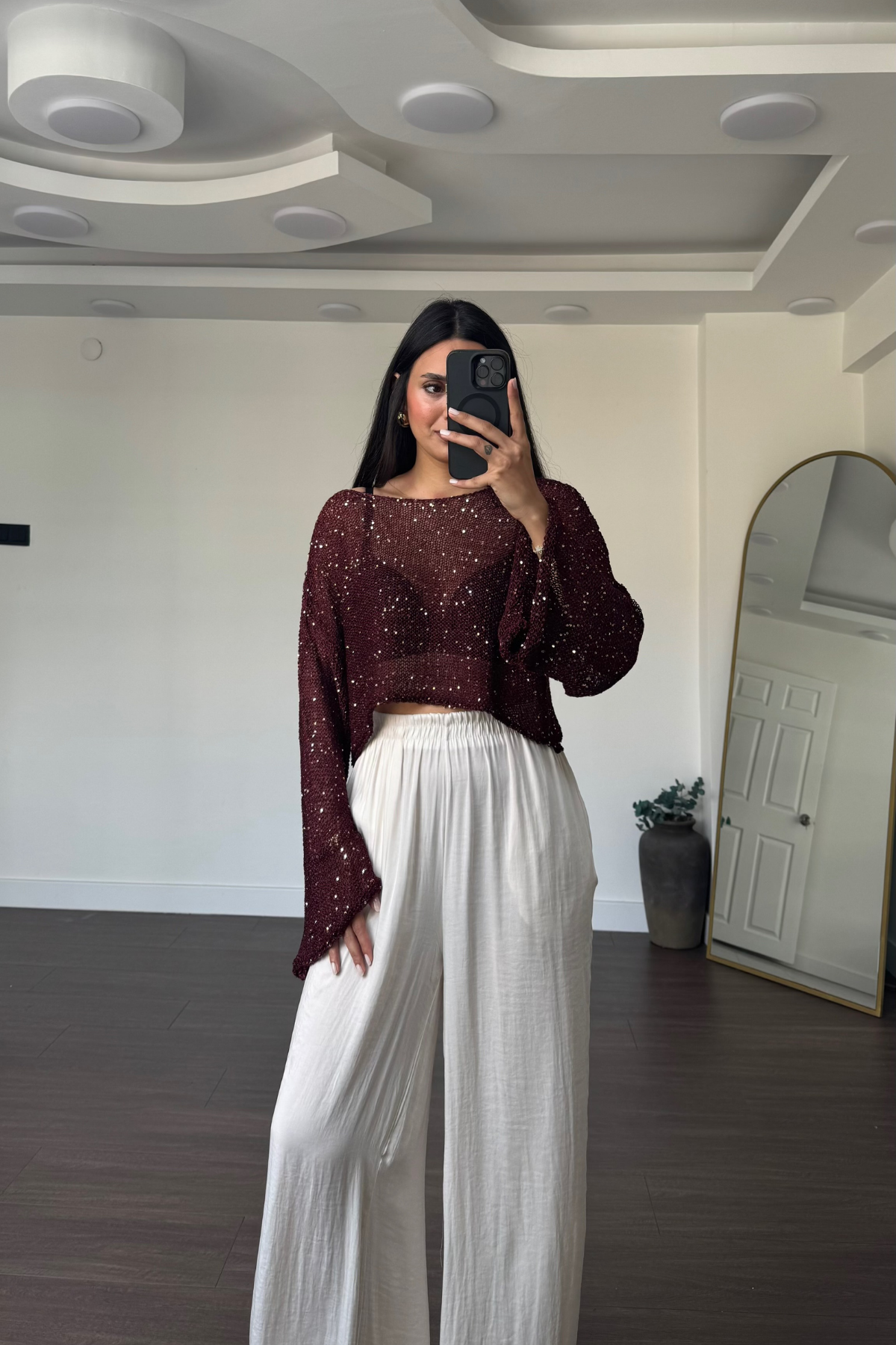 Merserize Pullu Crop Bluz-Bordo