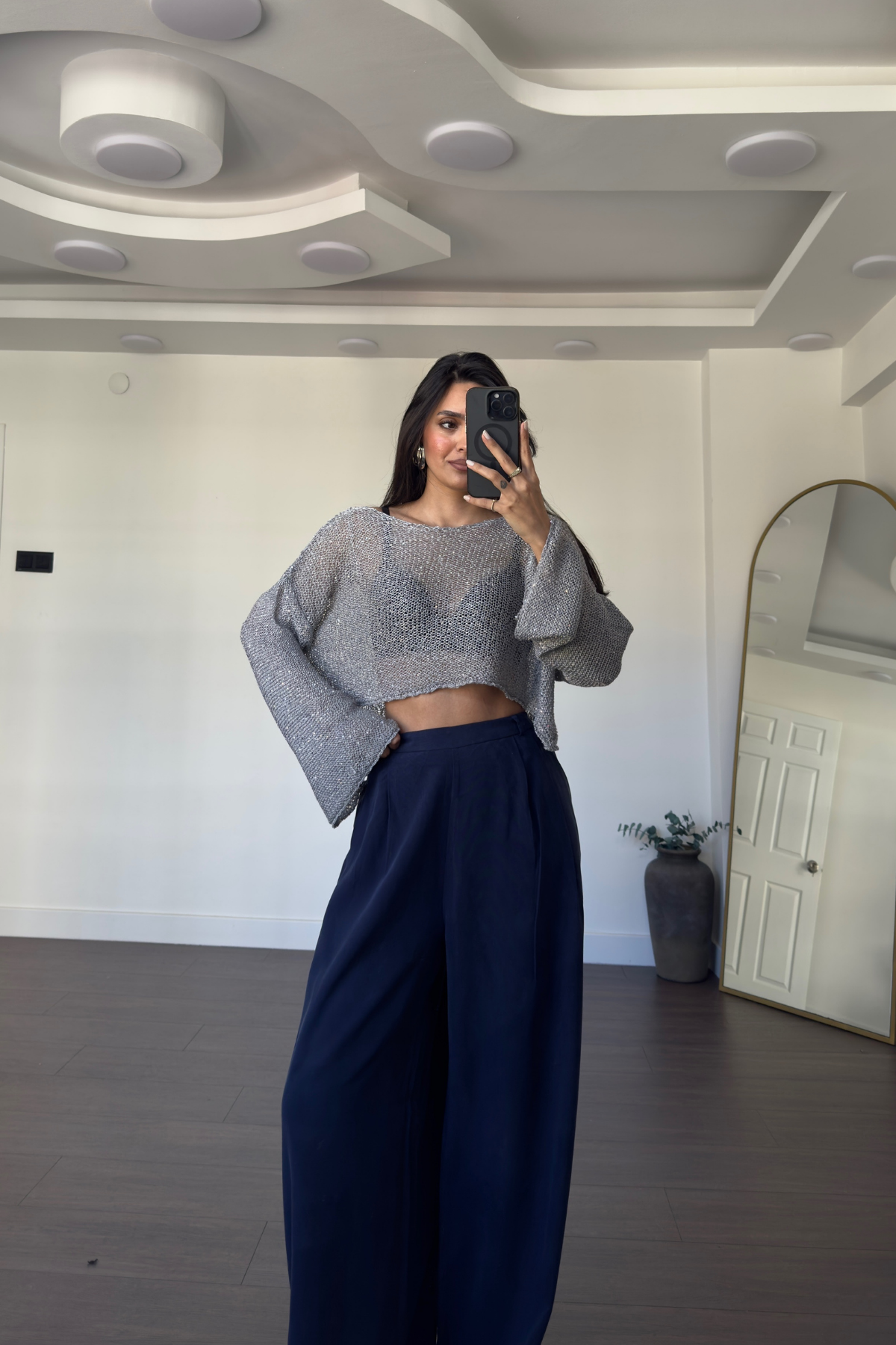 Merserize Pullu Crop Bluz-Gri