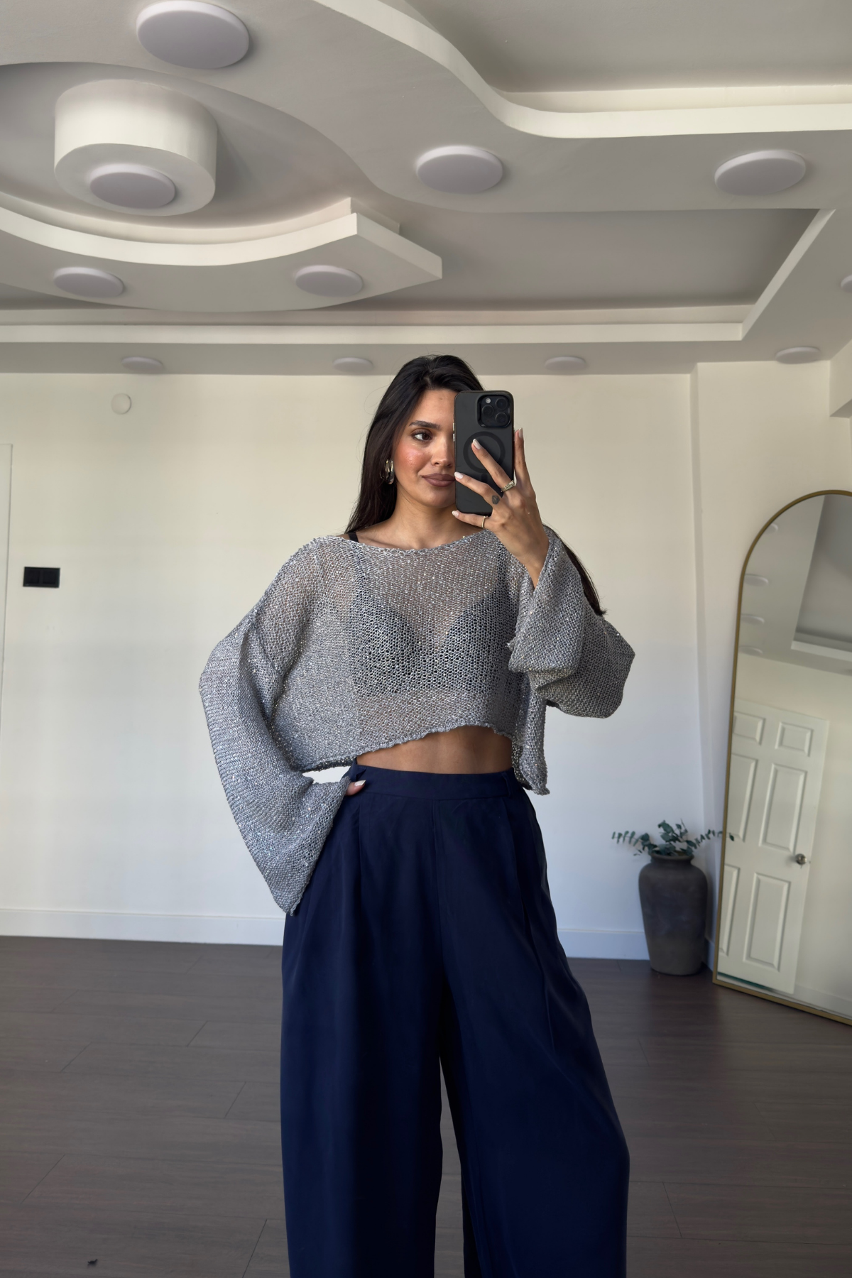Merserize Pullu Crop Bluz-Gri