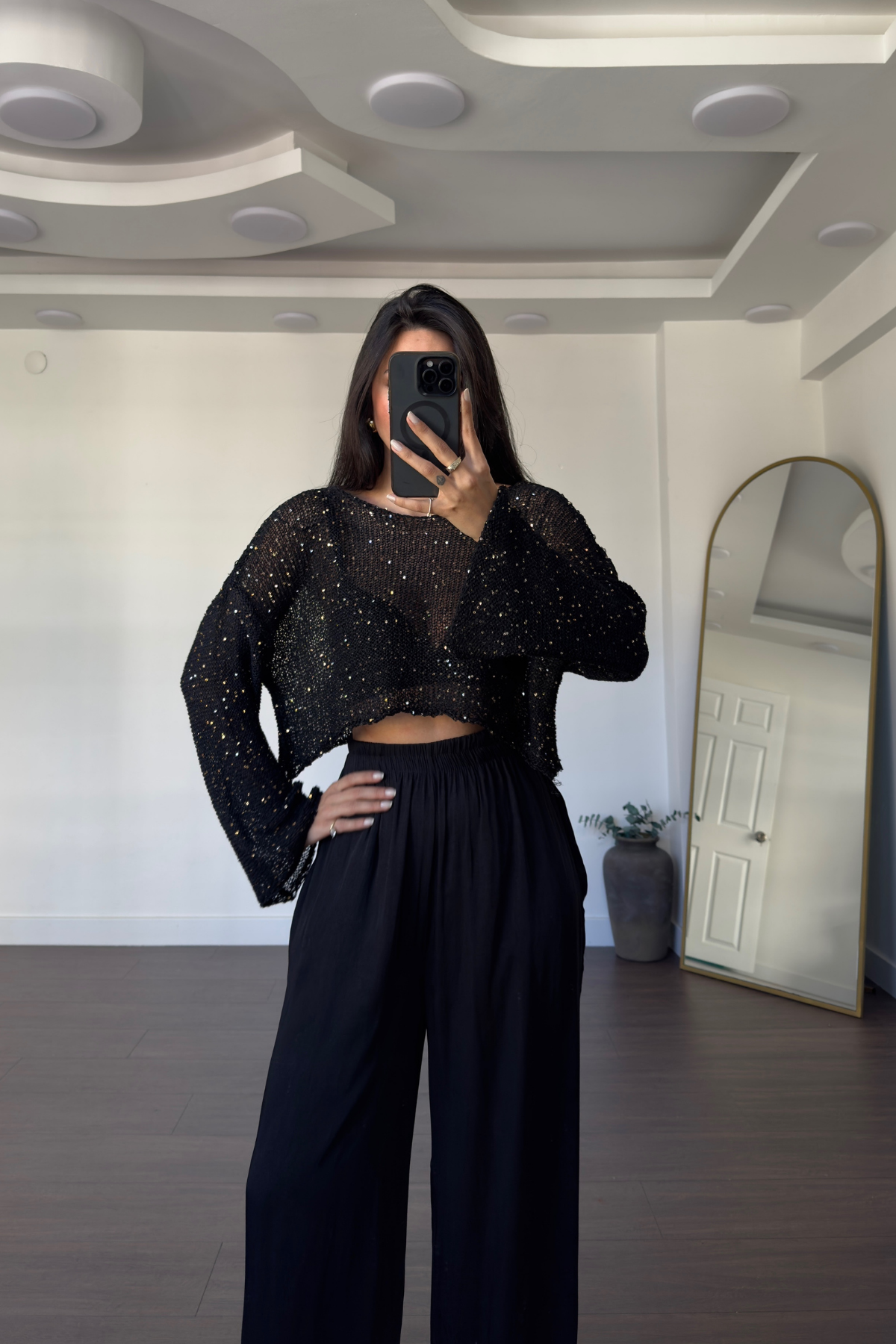 Merserize Pullu Crop Bluz-Siyah