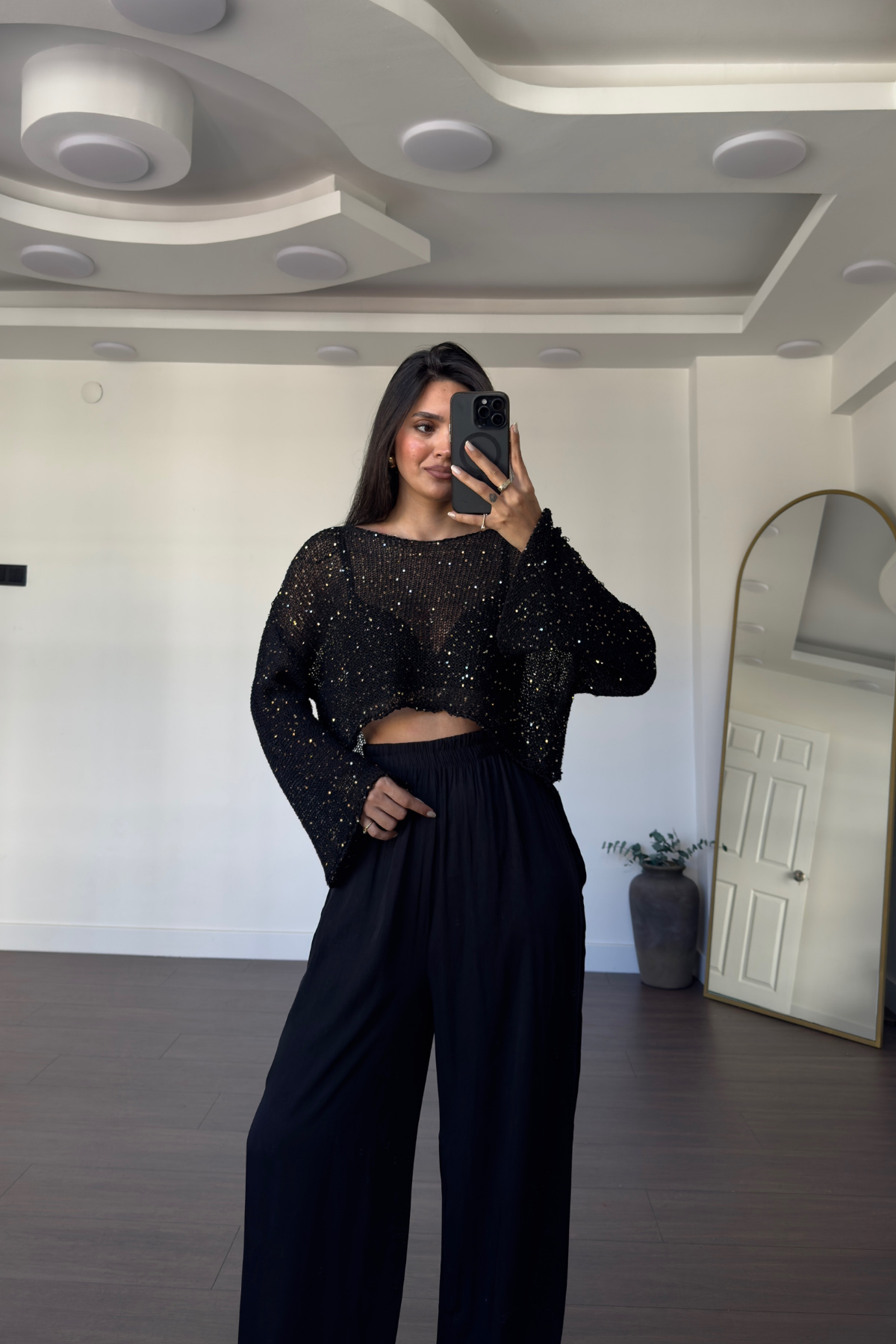 Merserize Pullu Crop Bluz-Siyah