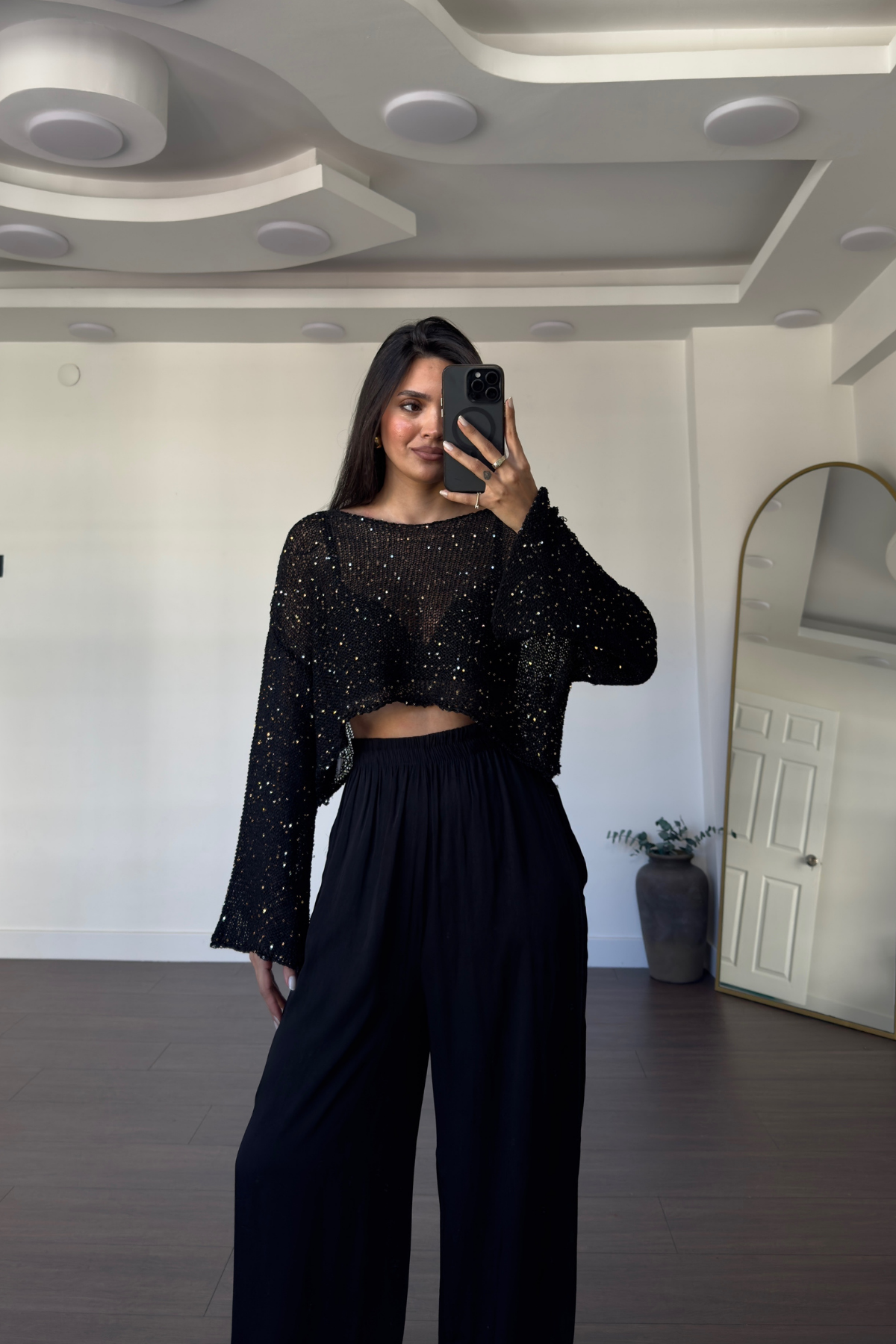 Merserize Pullu Crop Bluz-Siyah