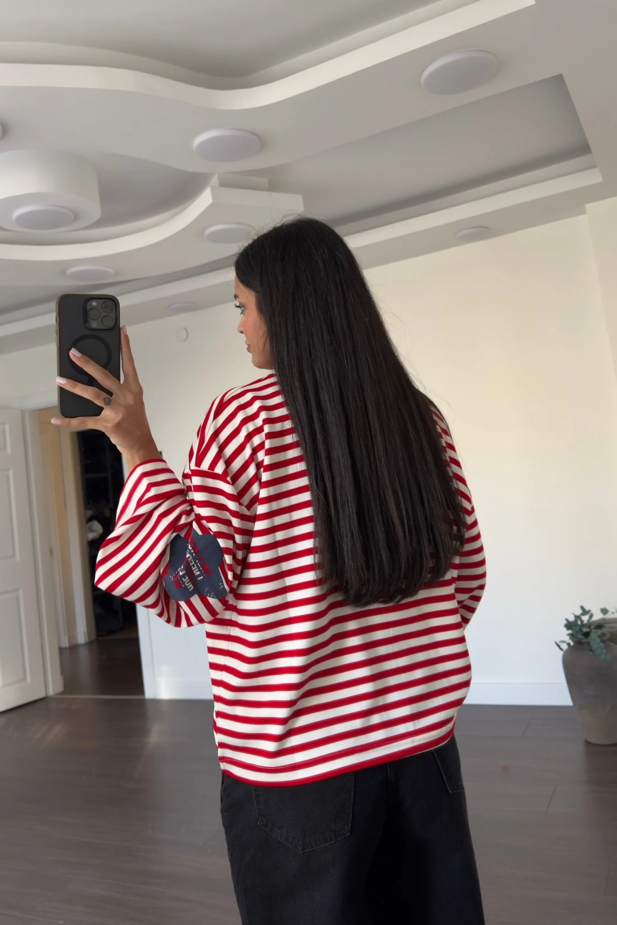 Modal Kumaş Lacivert Yıldız Baskılı Çizgili Sweatshirt-Kırmızı Ekru