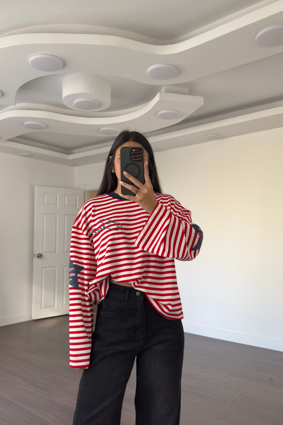 Modal Kumaş Lacivert Yıldız Baskılı Çizgili Sweatshirt-Kırmızı Ekru