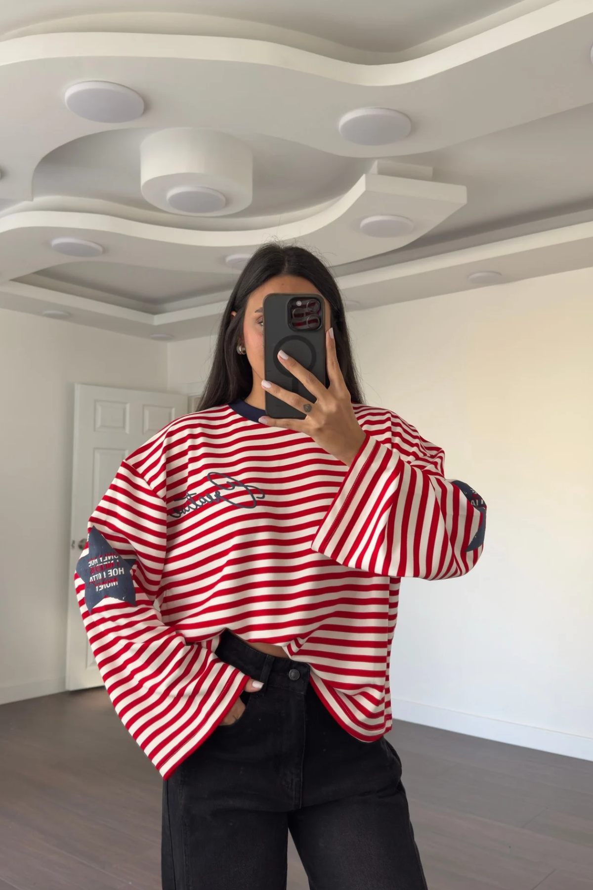 Modal Kumaş Lacivert Yıldız Baskılı Çizgili Sweatshirt-Kırmızı Ekru